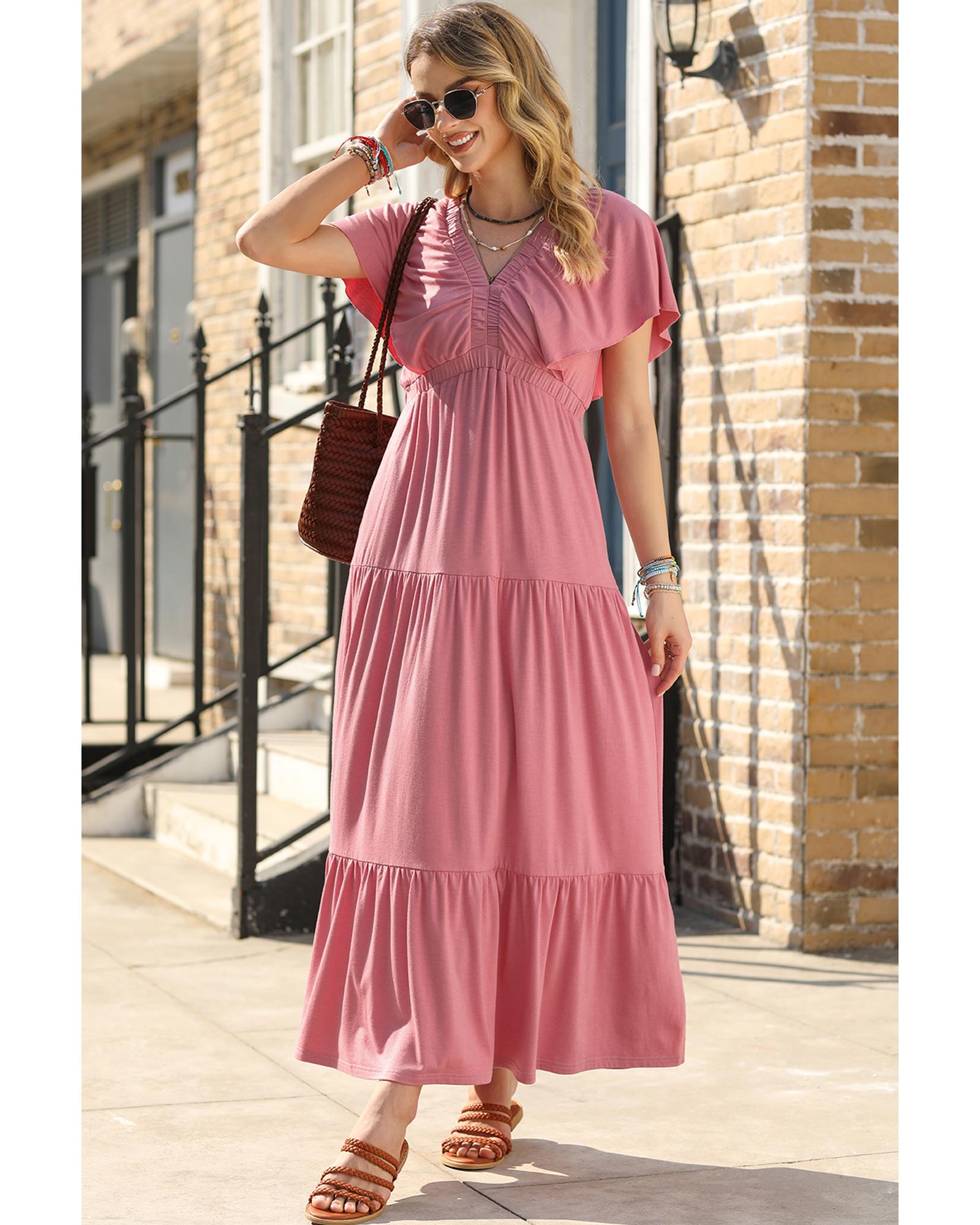 Rose Pink Textured V Neck Flutter Sleeve Ruffled Maxi Dress - L 3