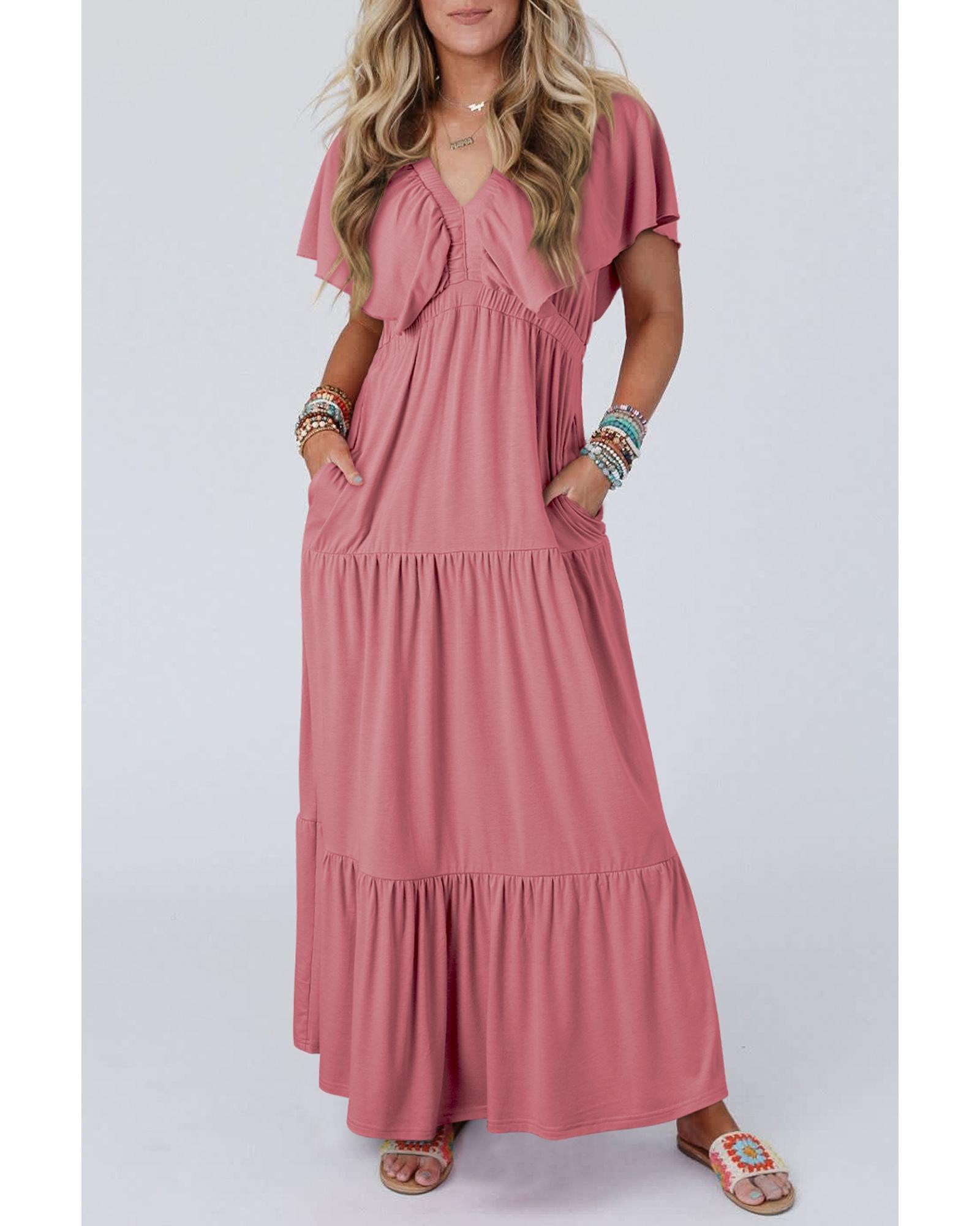 Rose Pink Textured V Neck Flutter Sleeve Ruffled Maxi Dress - L 7