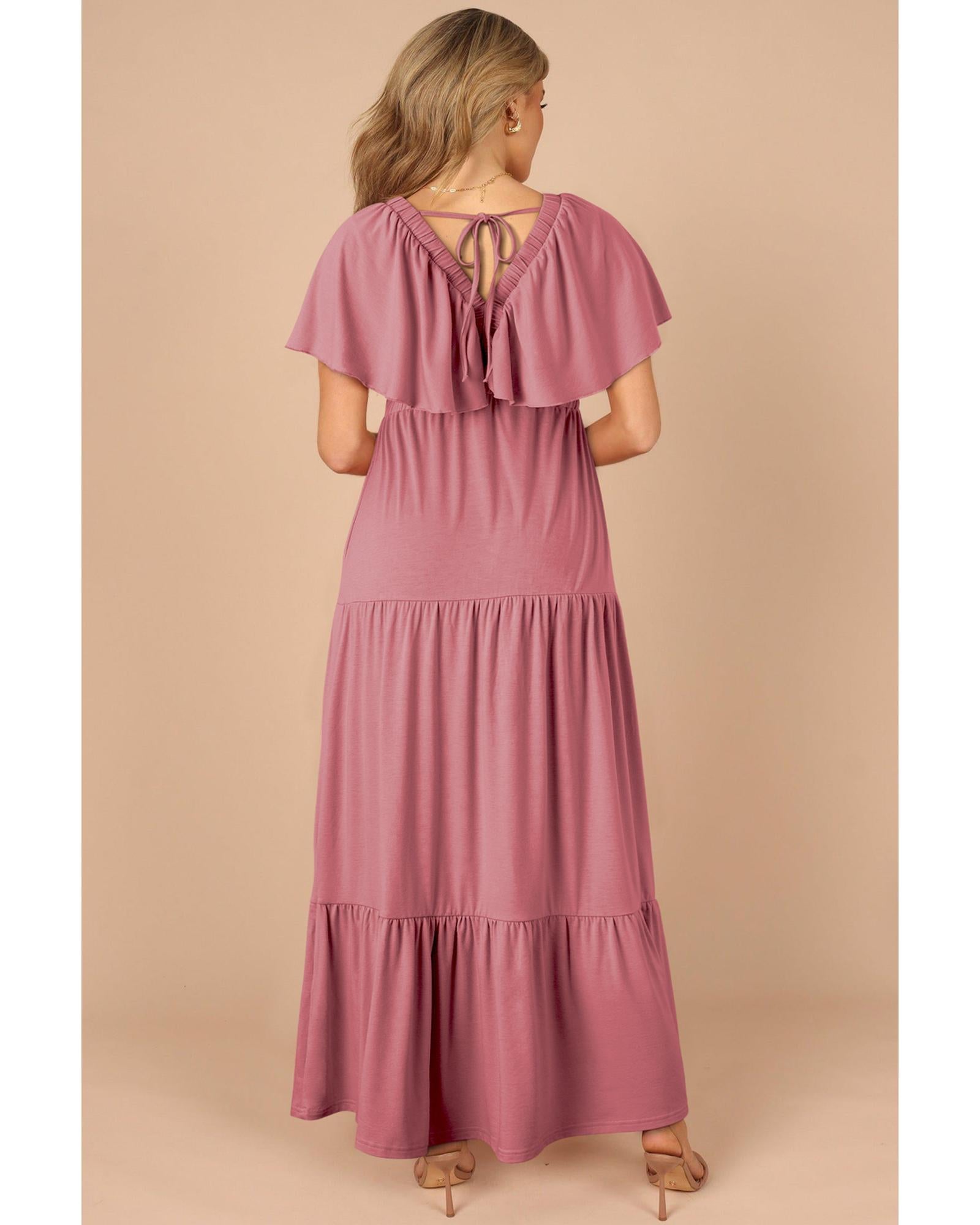 Rose Pink Textured V Neck Flutter Sleeve Ruffled Maxi Dress - S 8