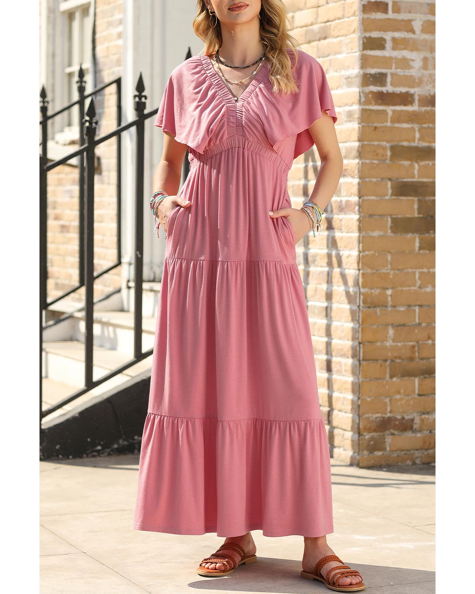 Rose Pink Textured V Neck Flutter Sleeve Ruffled Maxi Dress - XL 5