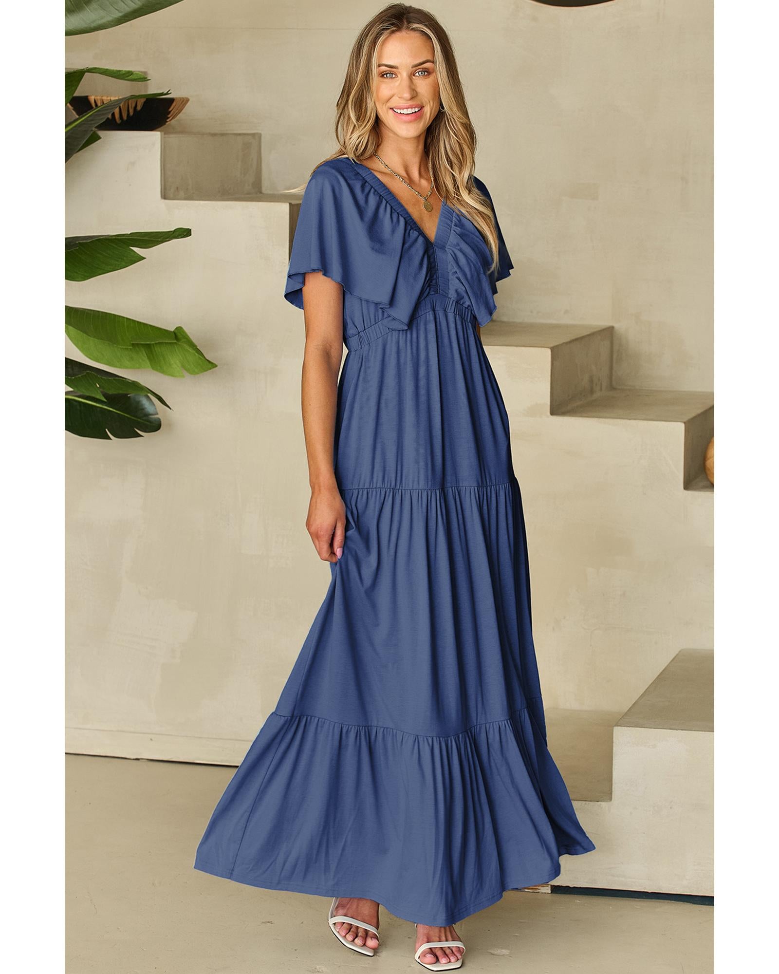 Navy Blue Textured V Neck Flutter Sleeve Ruffled Maxi Dress - M 6