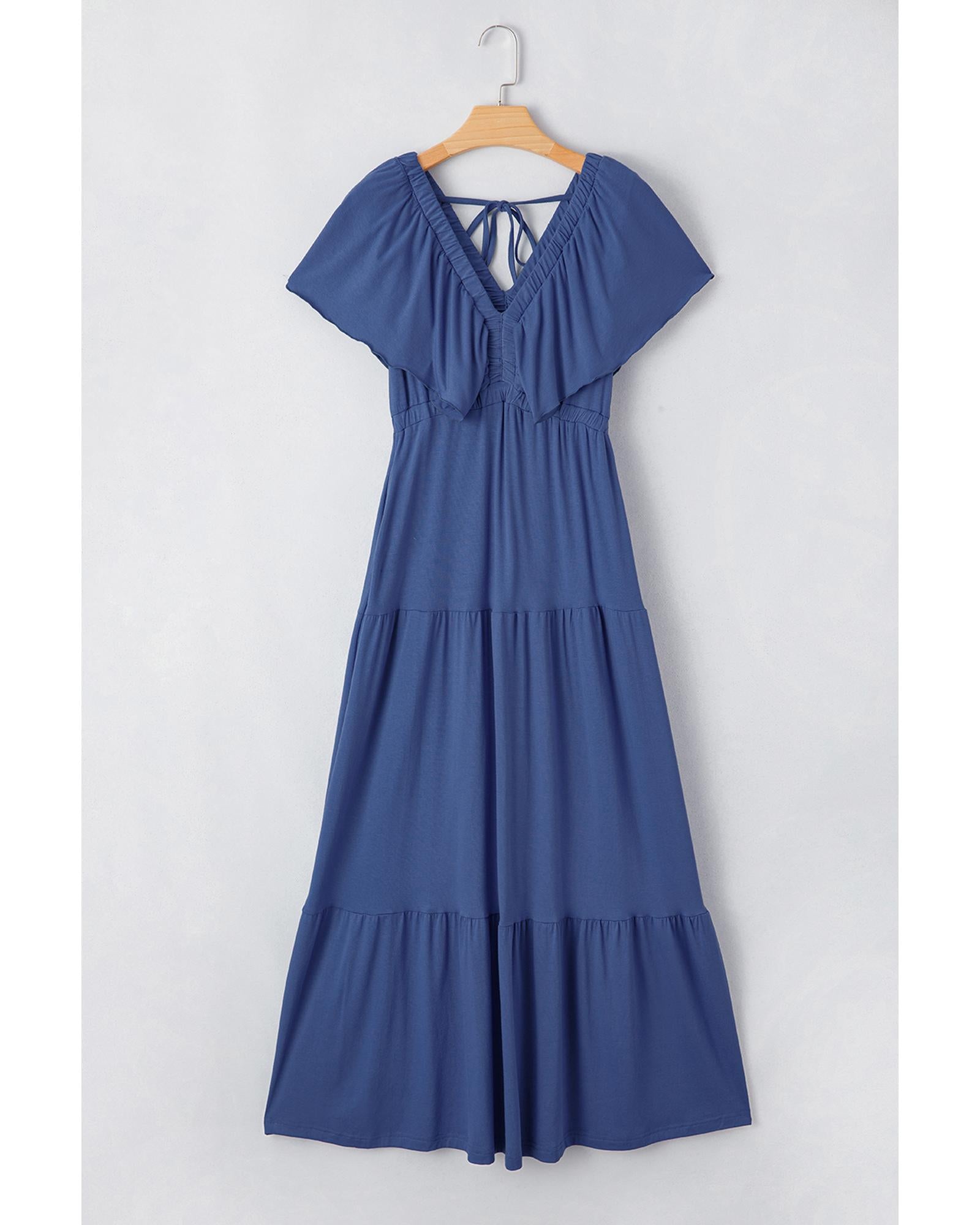 Navy Blue Textured V Neck Flutter Sleeve Ruffled Maxi Dress - M 7