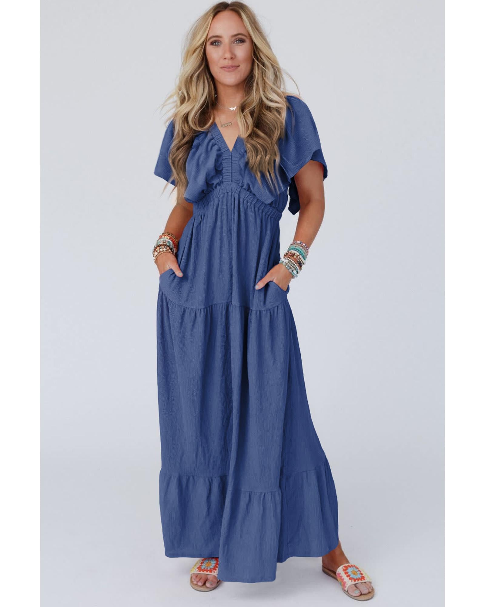 Navy Blue Textured V Neck Flutter Sleeve Ruffled Maxi Dress - S 3