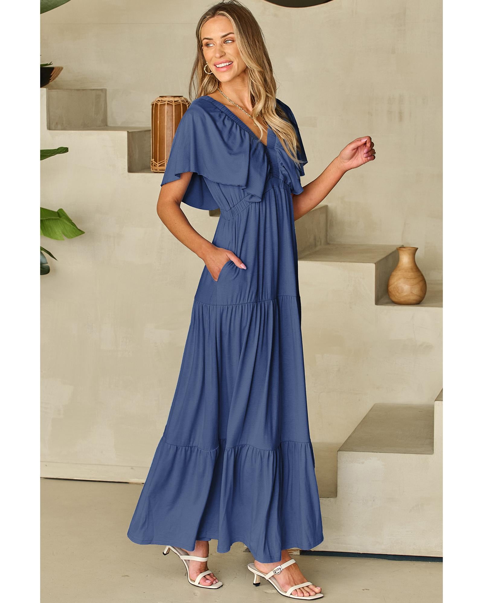 Navy Blue Textured V Neck Flutter Sleeve Ruffled Maxi Dress - S 5