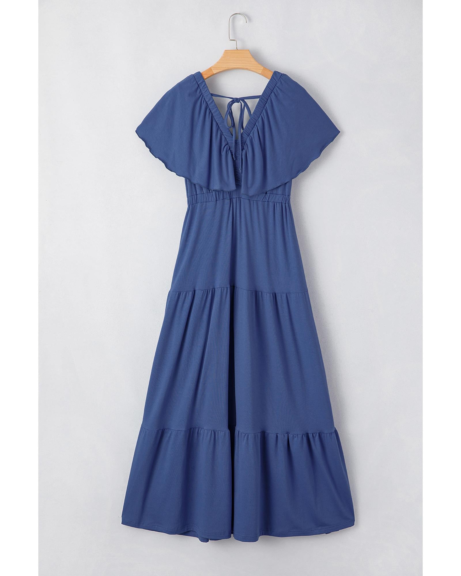 Navy Blue Textured V Neck Flutter Sleeve Ruffled Maxi Dress - S 8