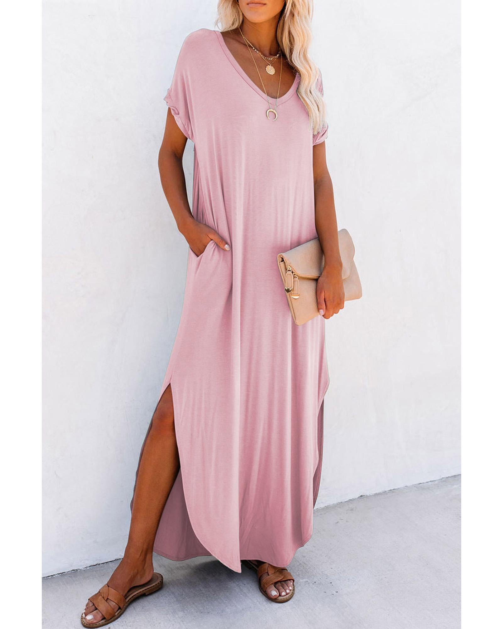 Pink V Neck Hidden Pocket Splits Maxi T-shirt Dress - M