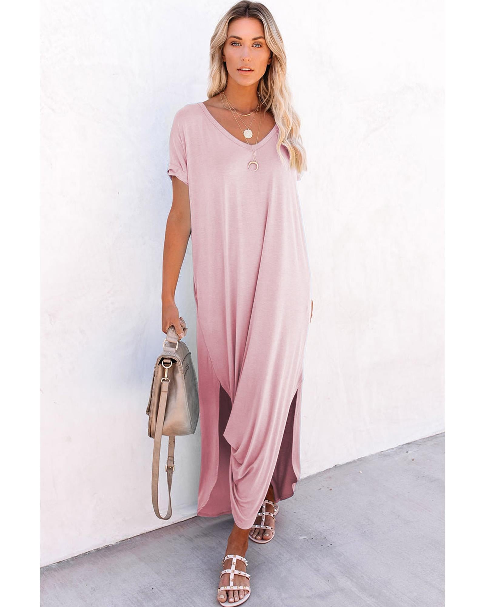 Pink V Neck Hidden Pocket Splits Maxi T-shirt Dress - M