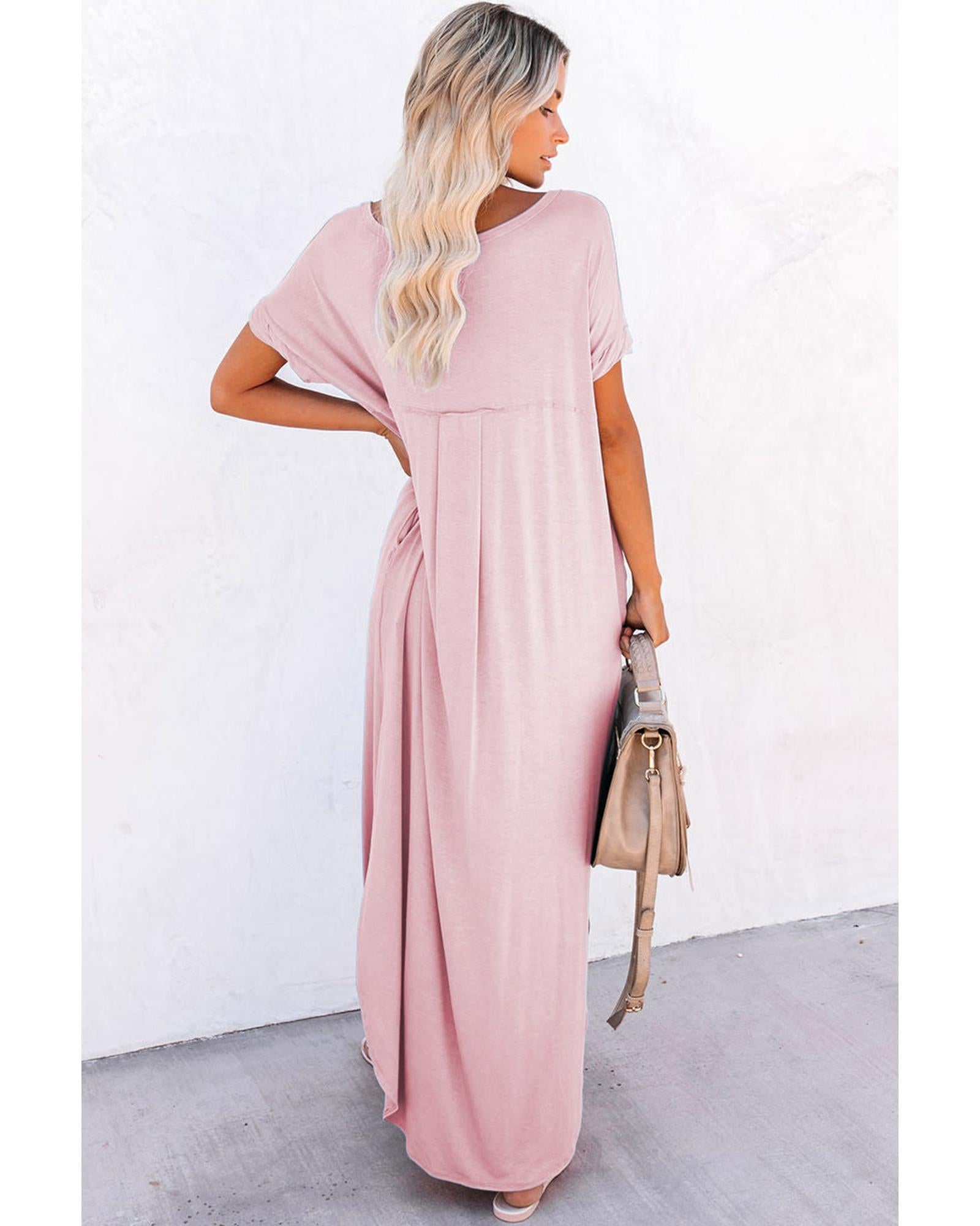 Pink V Neck Hidden Pocket Splits Maxi T-shirt Dress - M 3