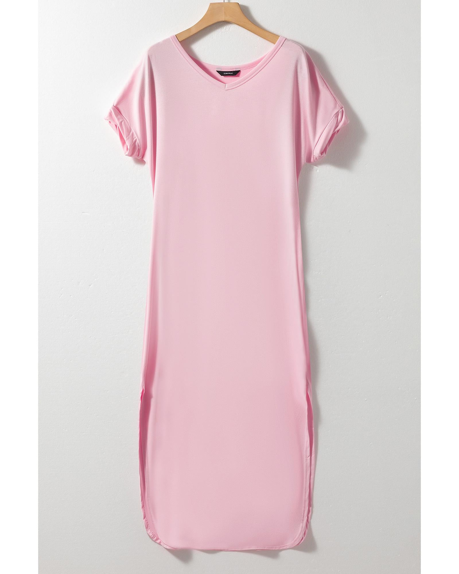 Pink V Neck Hidden Pocket Splits Maxi T-shirt Dress - M 4