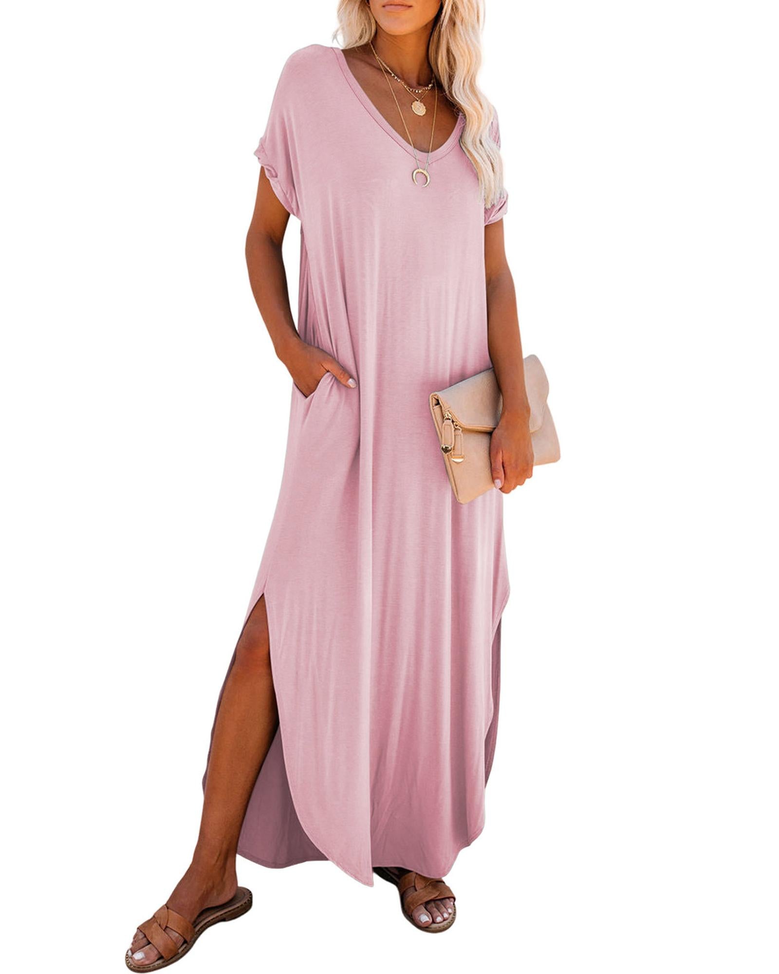 Pink V Neck Hidden Pocket Splits Maxi T-shirt Dress - M 5