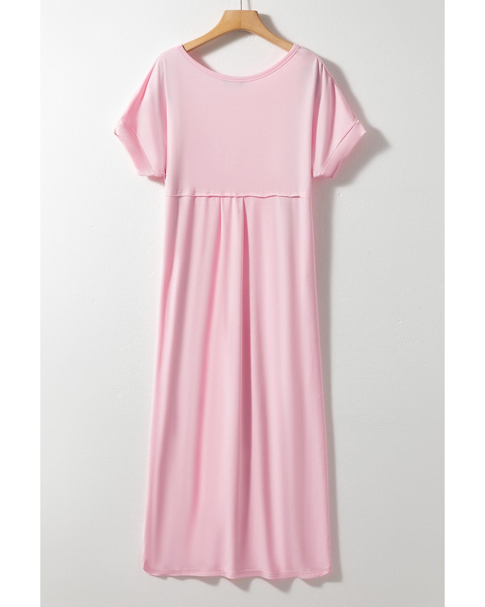 Pink V Neck Hidden Pocket Splits Maxi T-shirt Dress - M 7