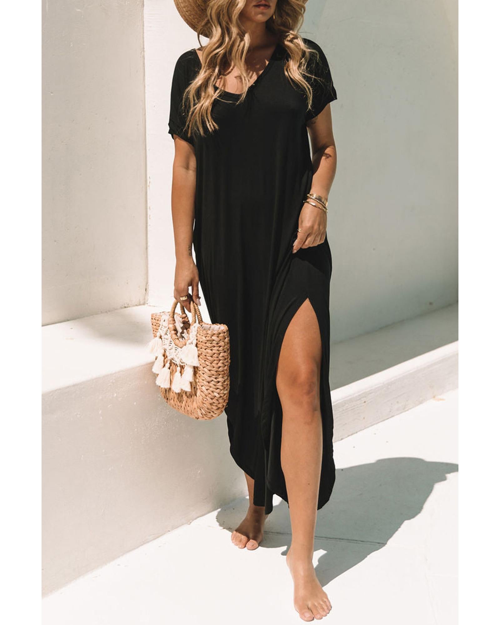 Black V Neck Hidden Pocket Splits Maxi T-shirt Dress - L 3