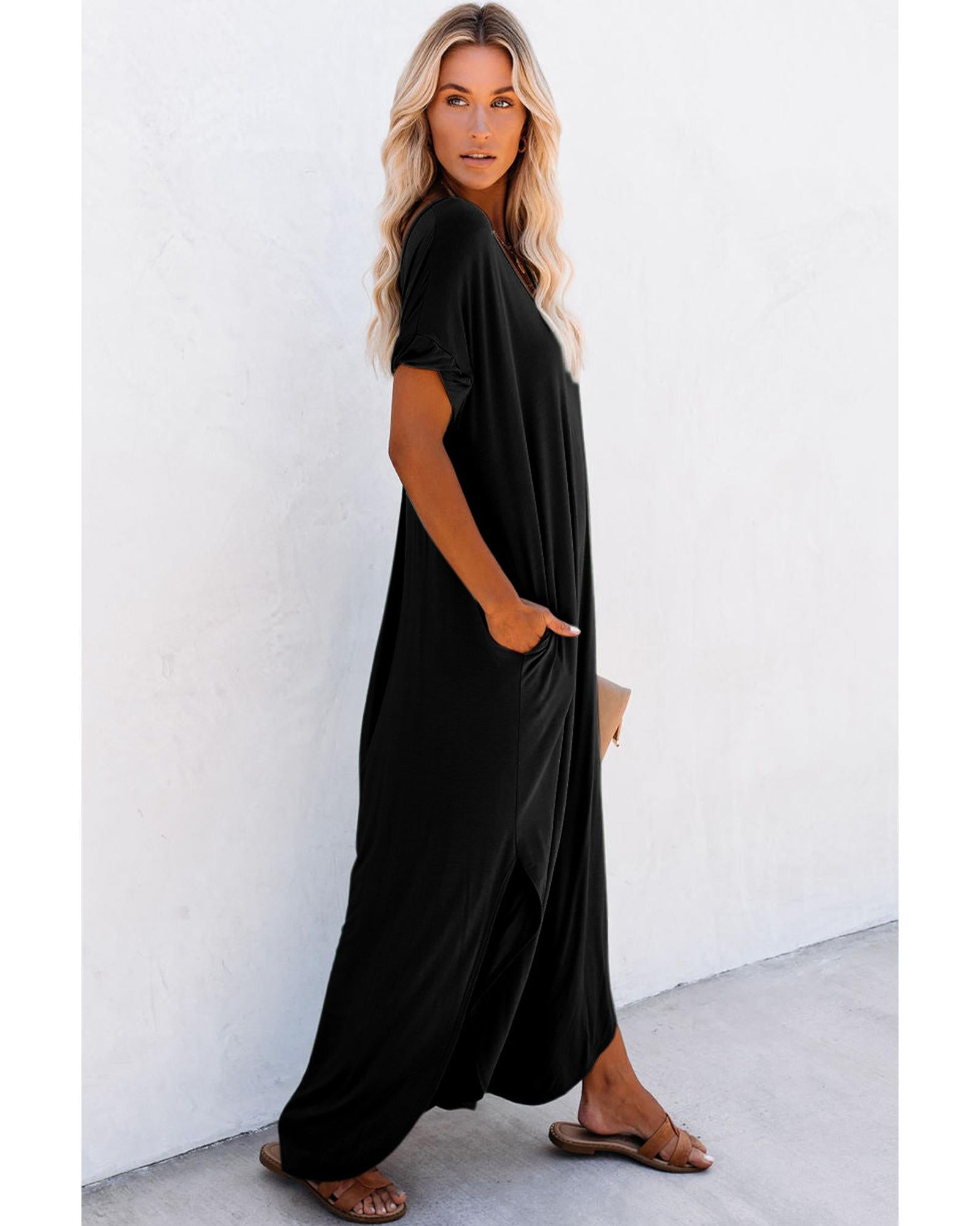 Black V Neck Hidden Pocket Splits Maxi T-shirt Dress - L 6