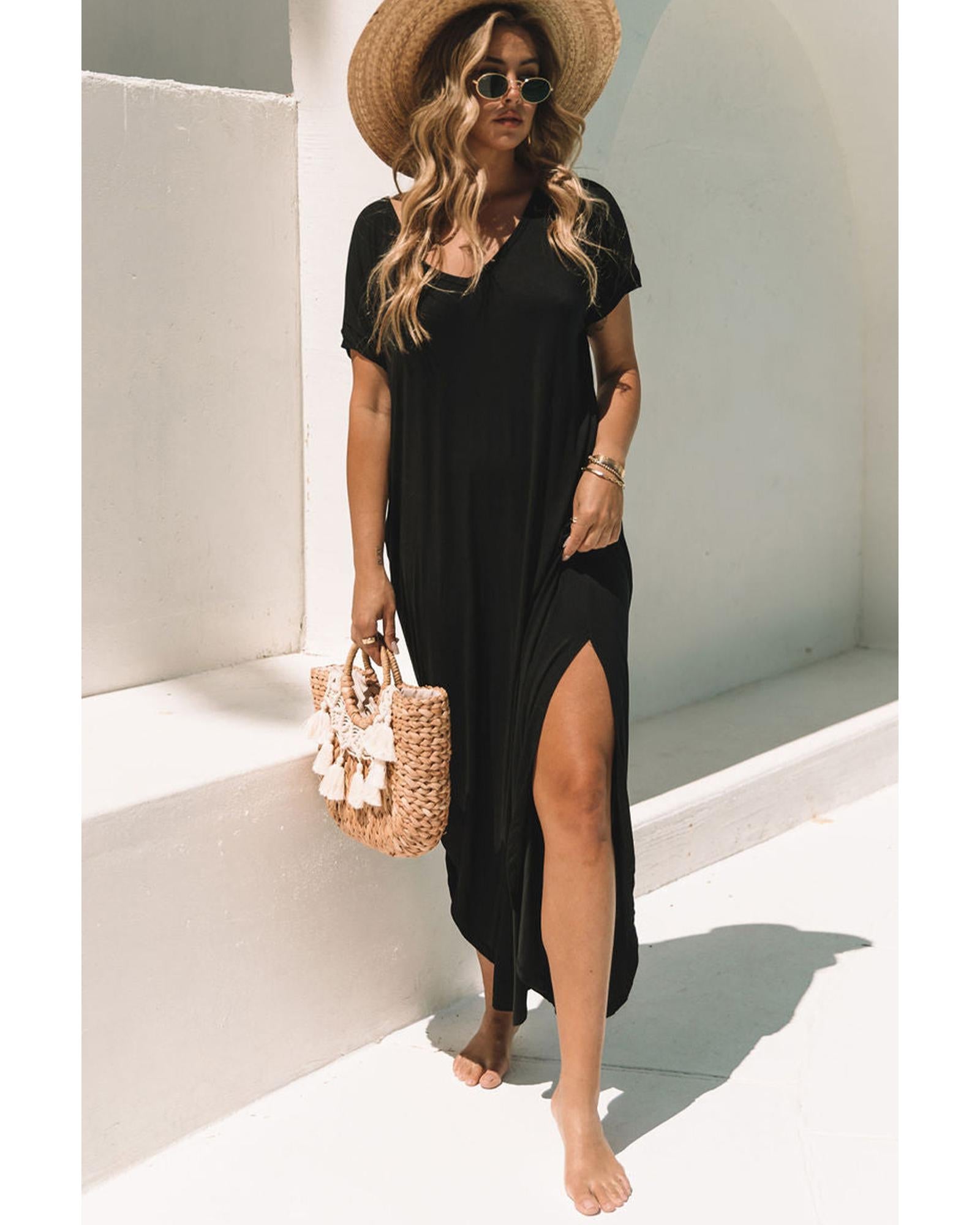 Black V Neck Hidden Pocket Splits Maxi T-shirt Dress - M 8