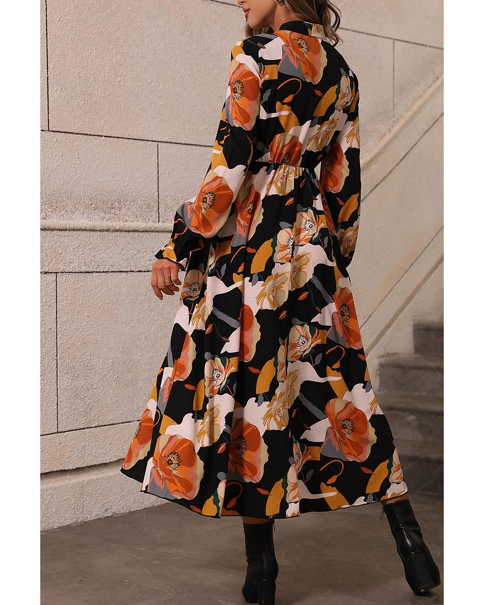 Orange Floral Print Tie Neck Long Sleeve Dress - L 4