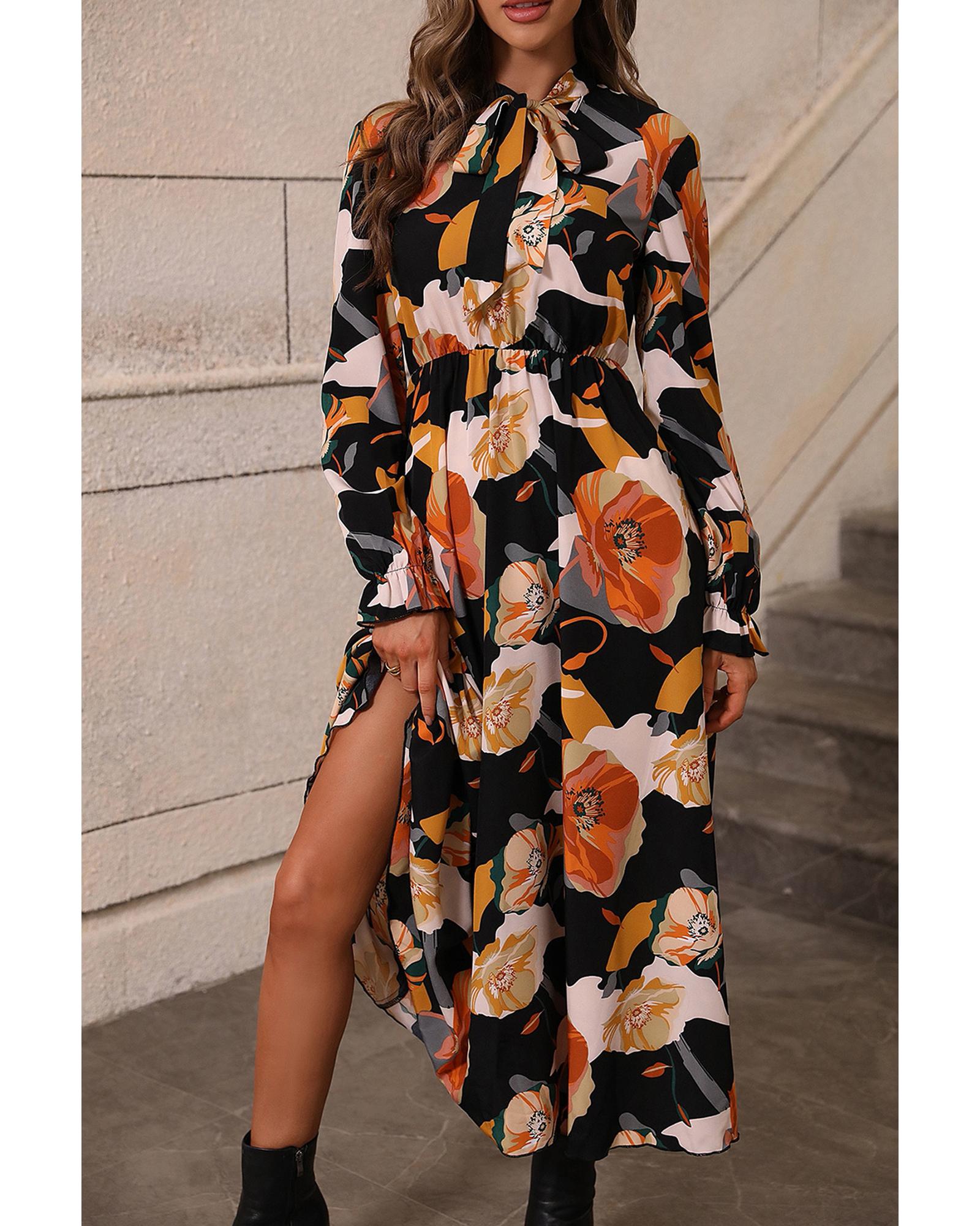 Orange Floral Print Tie Neck Long Sleeve Dress - L 6