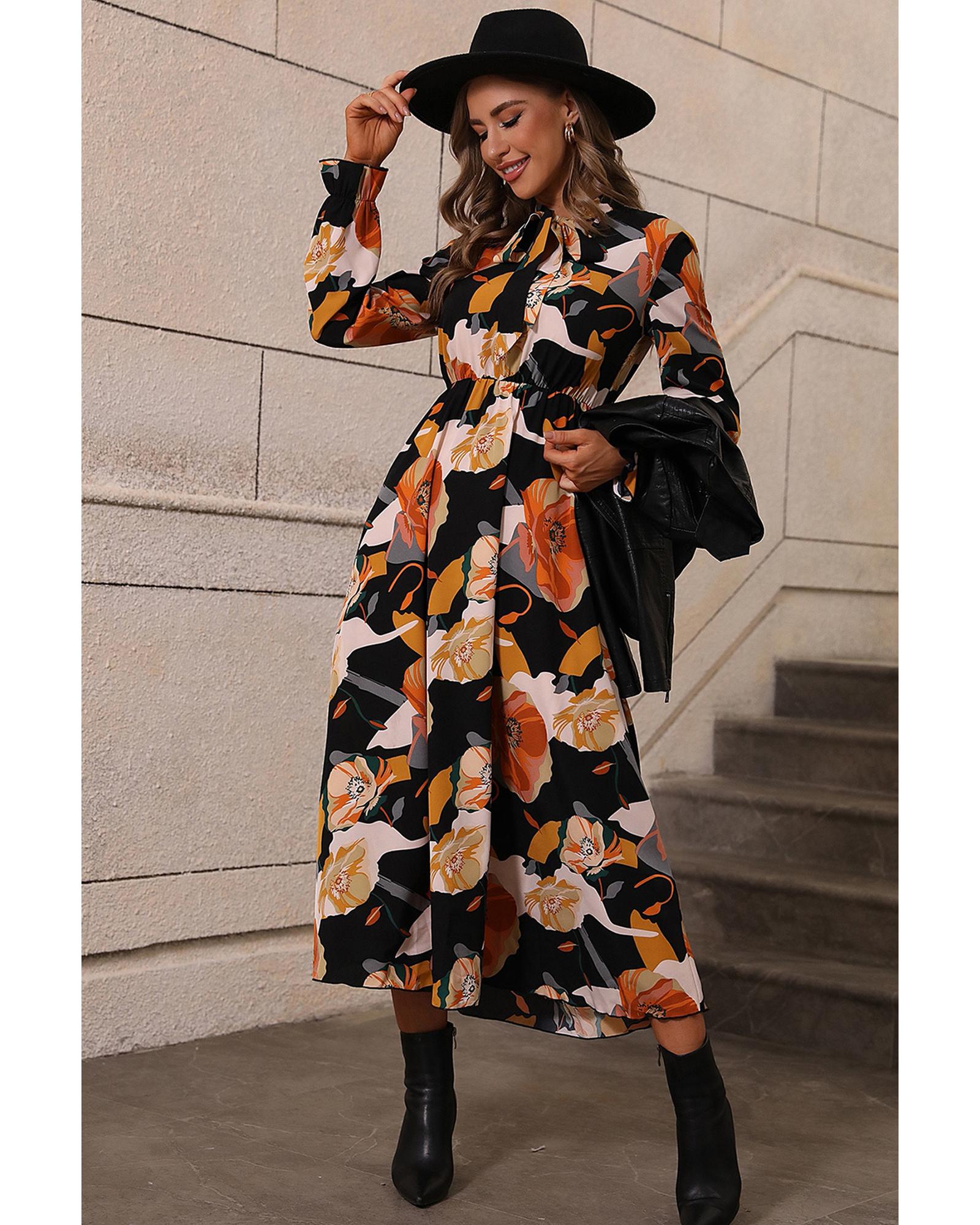 Orange Floral Print Tie Neck Long Sleeve Dress - M