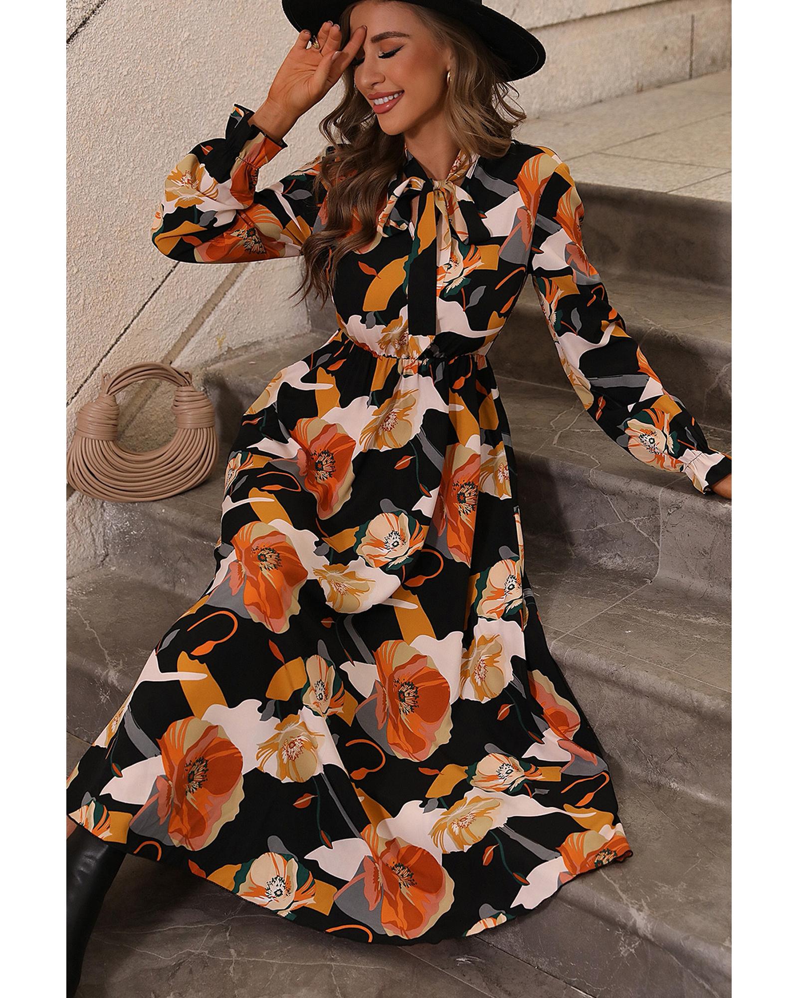 Orange Floral Print Tie Neck Long Sleeve Dress - M 3