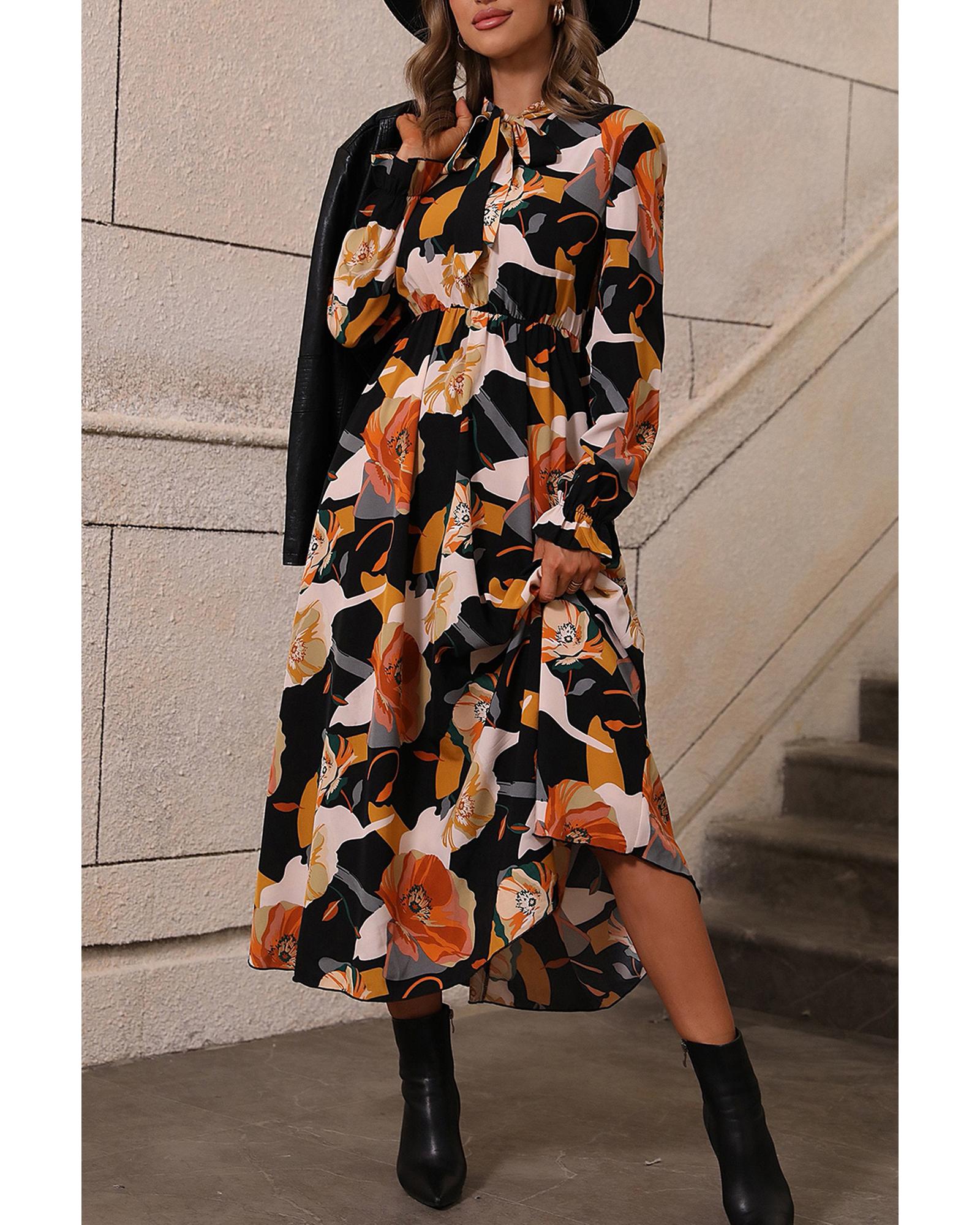 Orange Floral Print Tie Neck Long Sleeve Dress - M 5