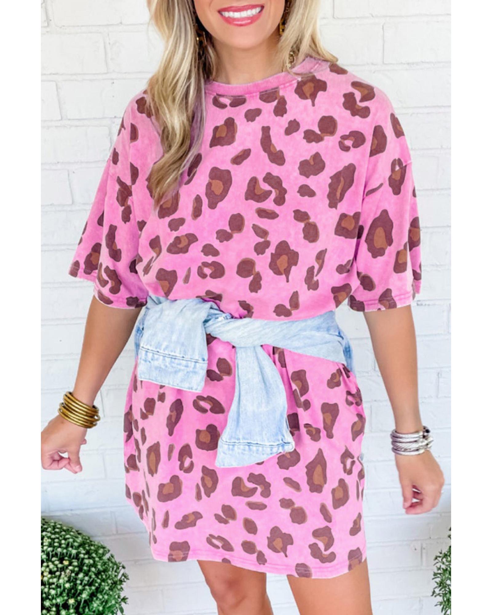 Pink Leopard Mineral Wash Side Pocket Shift Mini Dress - S 6