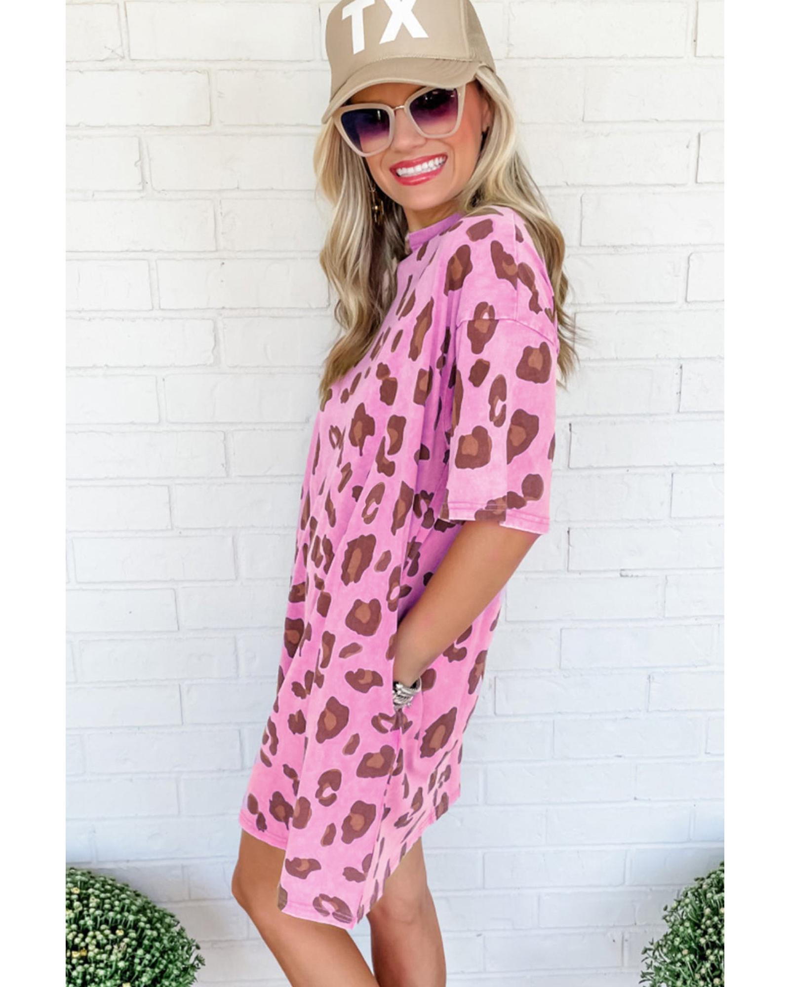 Pink Leopard Mineral Wash Side Pocket Shift Mini Dress - S 7