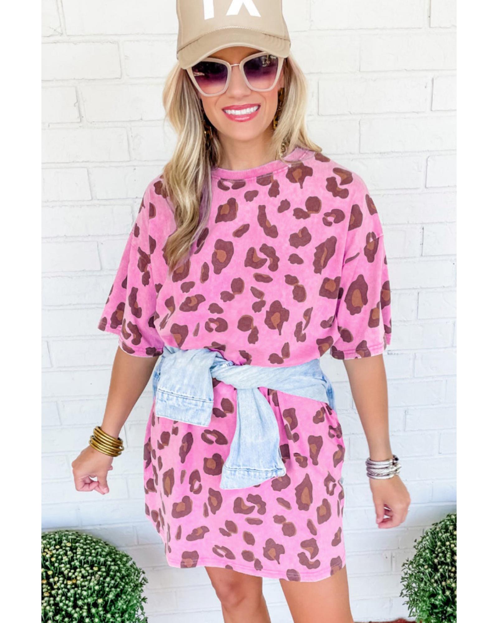 Pink Leopard Mineral Wash Side Pocket Shift Mini Dress - S 8