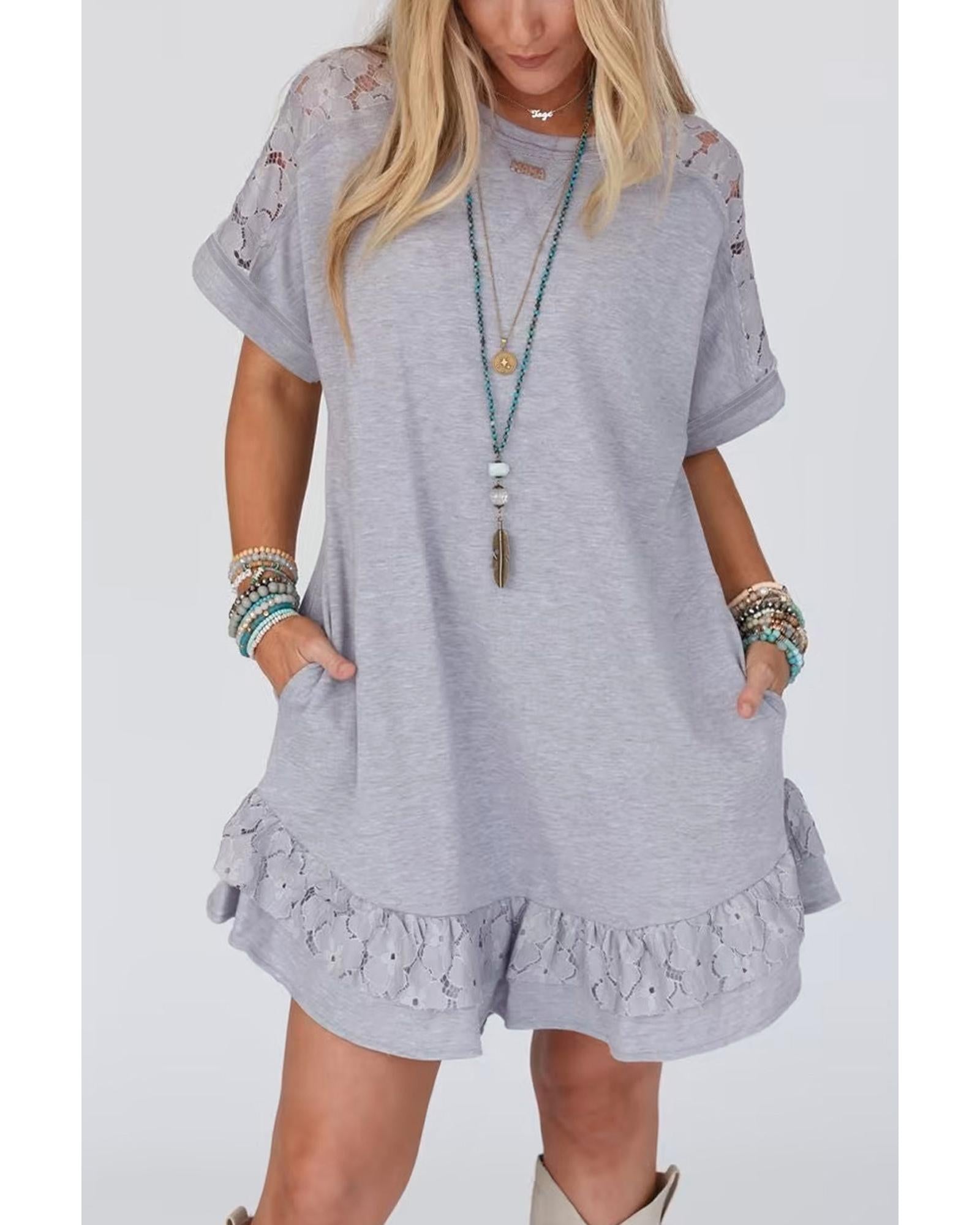 Light Grey Lace Floral Patchwork Ruffled T-shirt Dress - M 3