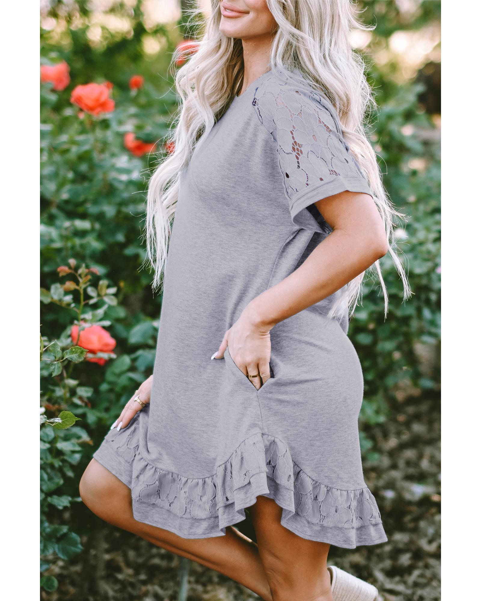Light Grey Lace Floral Patchwork Ruffled T-shirt Dress - M 6