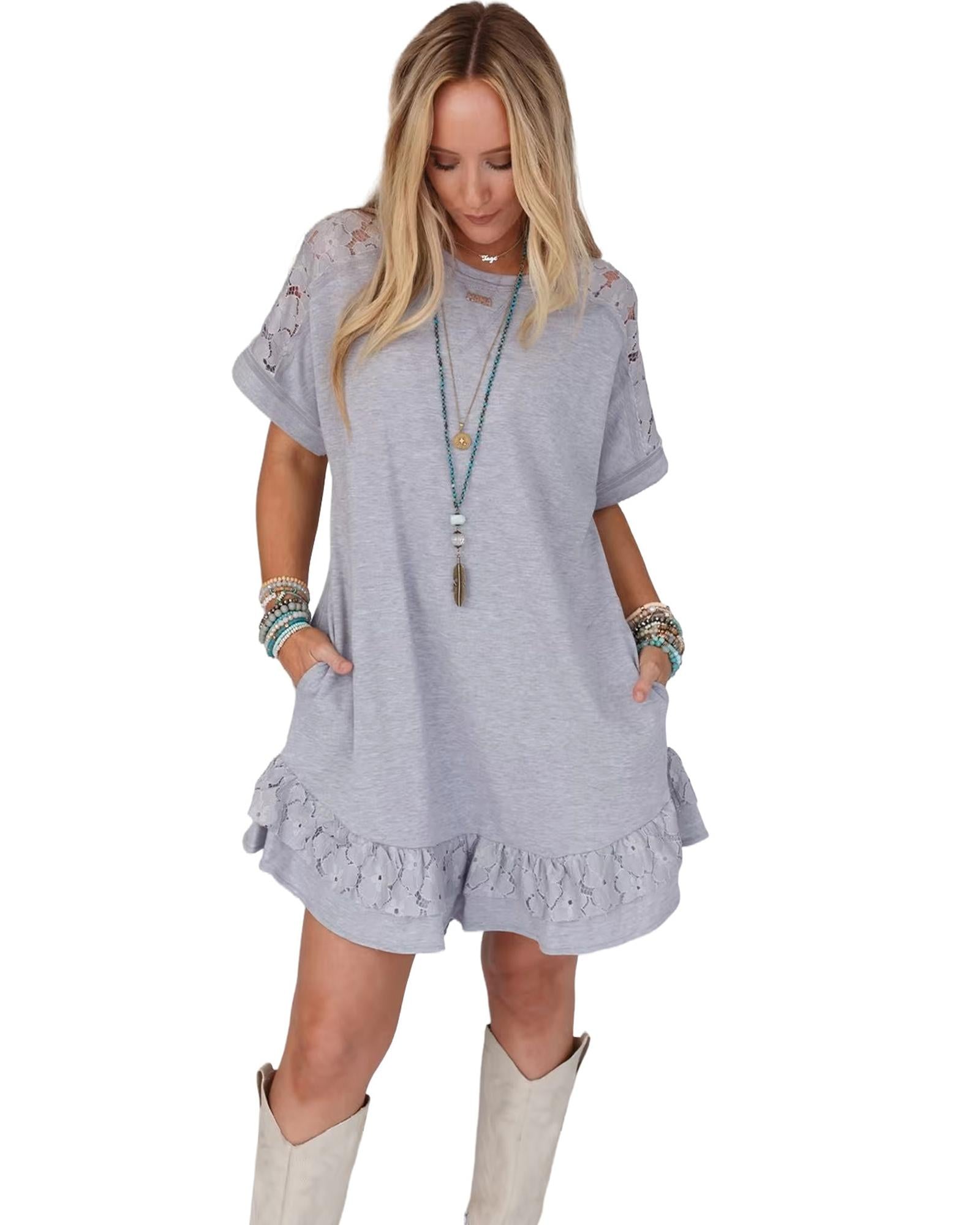 Light Grey Lace Floral Patchwork Ruffled T-shirt Dress - M 8