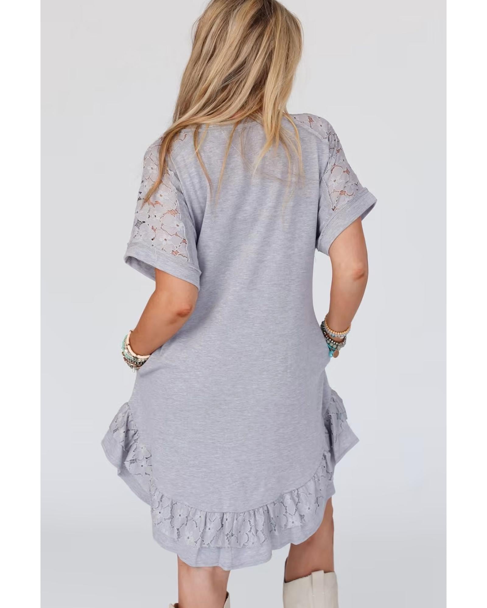 Light Grey Lace Floral Patchwork Ruffled T-shirt Dress - S