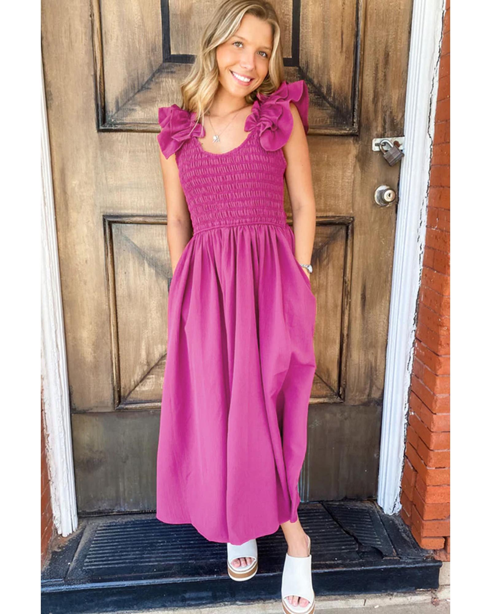 Rose Red Solid Color Ruffled Straps Smocked Ruched Maxi Dress - L