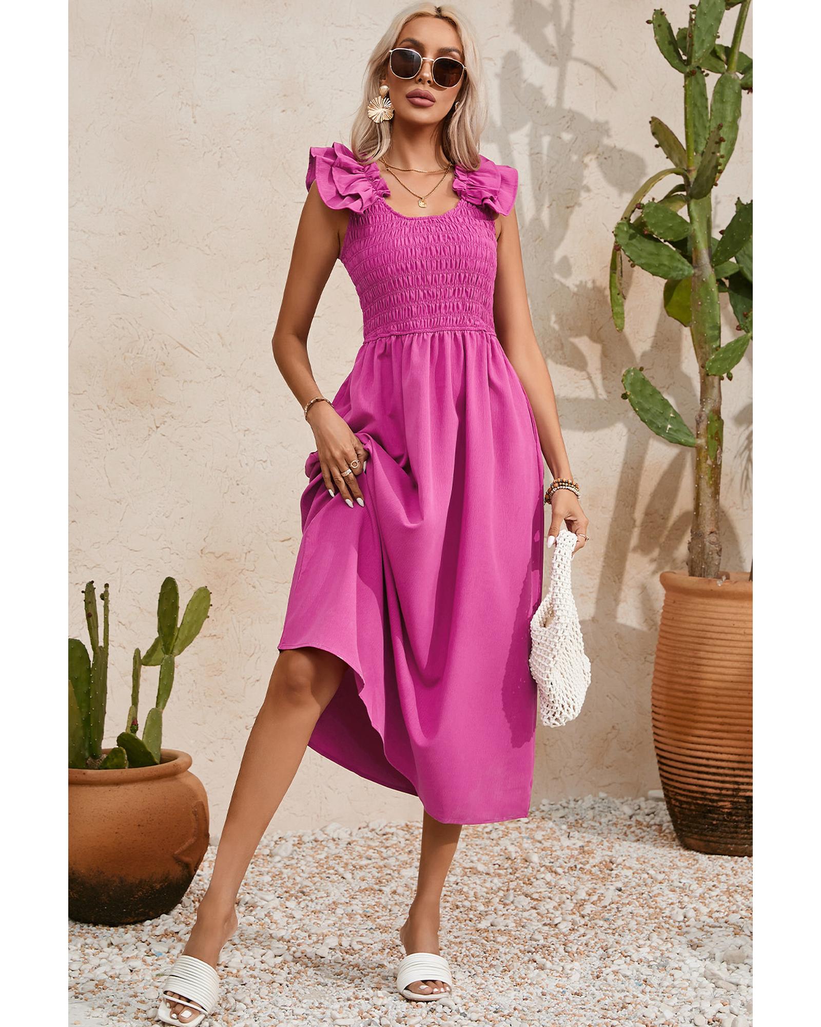 Rose Red Solid Color Ruffled Straps Smocked Ruched Maxi Dress - L 6