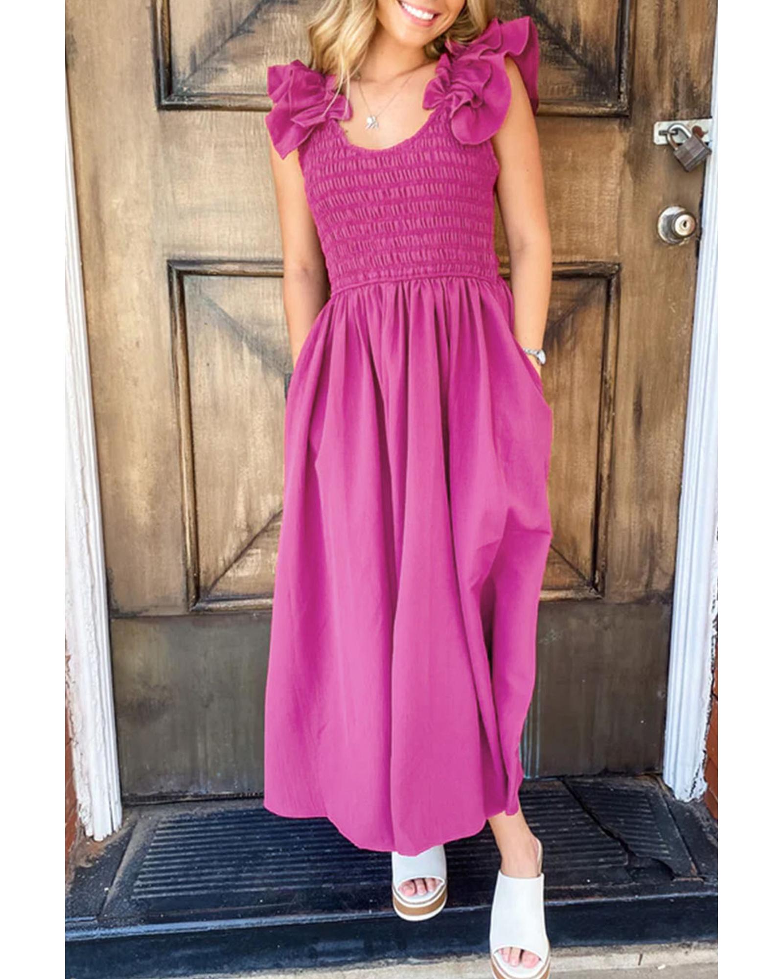 Rose Red Solid Color Ruffled Straps Smocked Ruched Maxi Dress - M 4