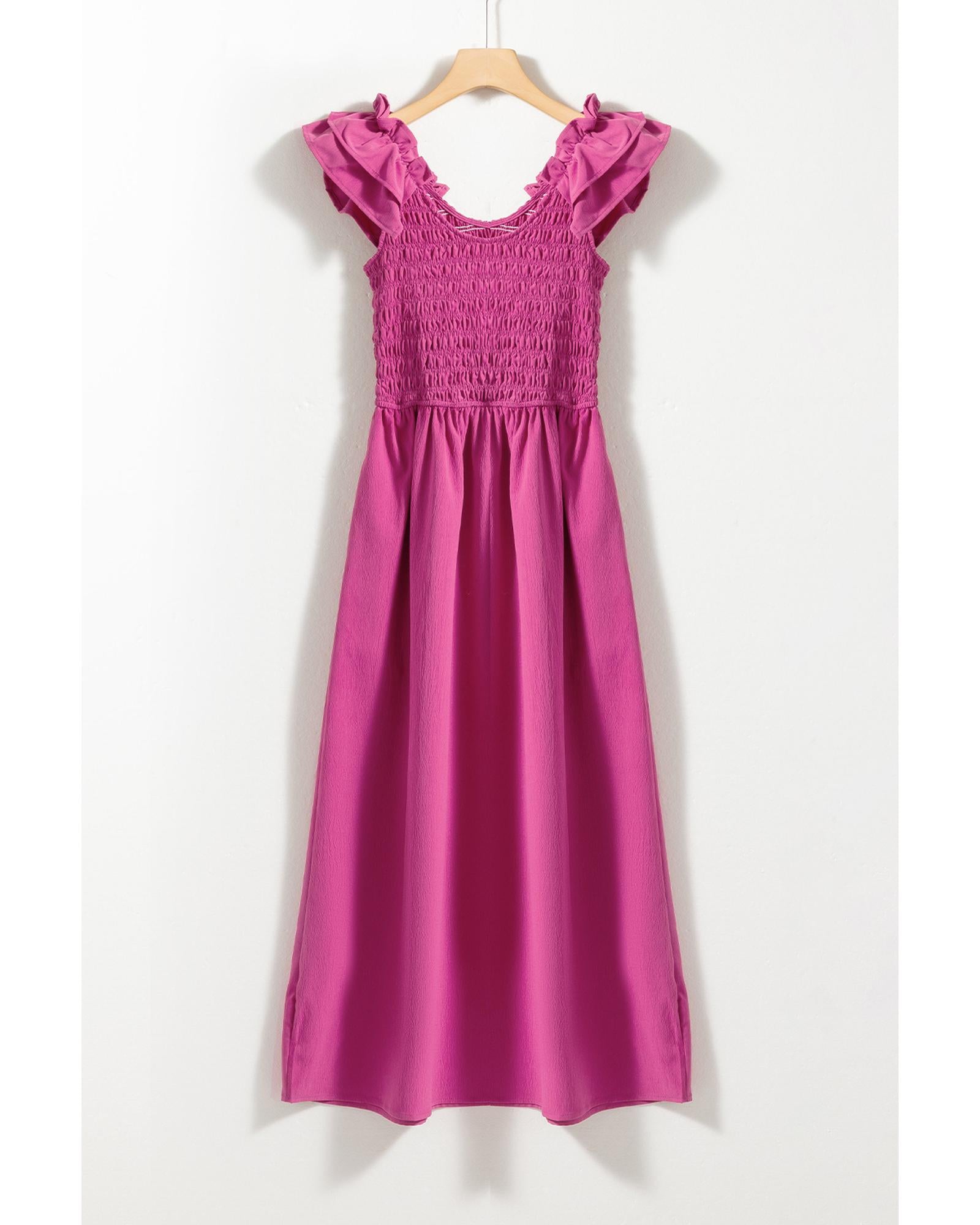 Rose Red Solid Color Ruffled Straps Smocked Ruched Maxi Dress - M 6