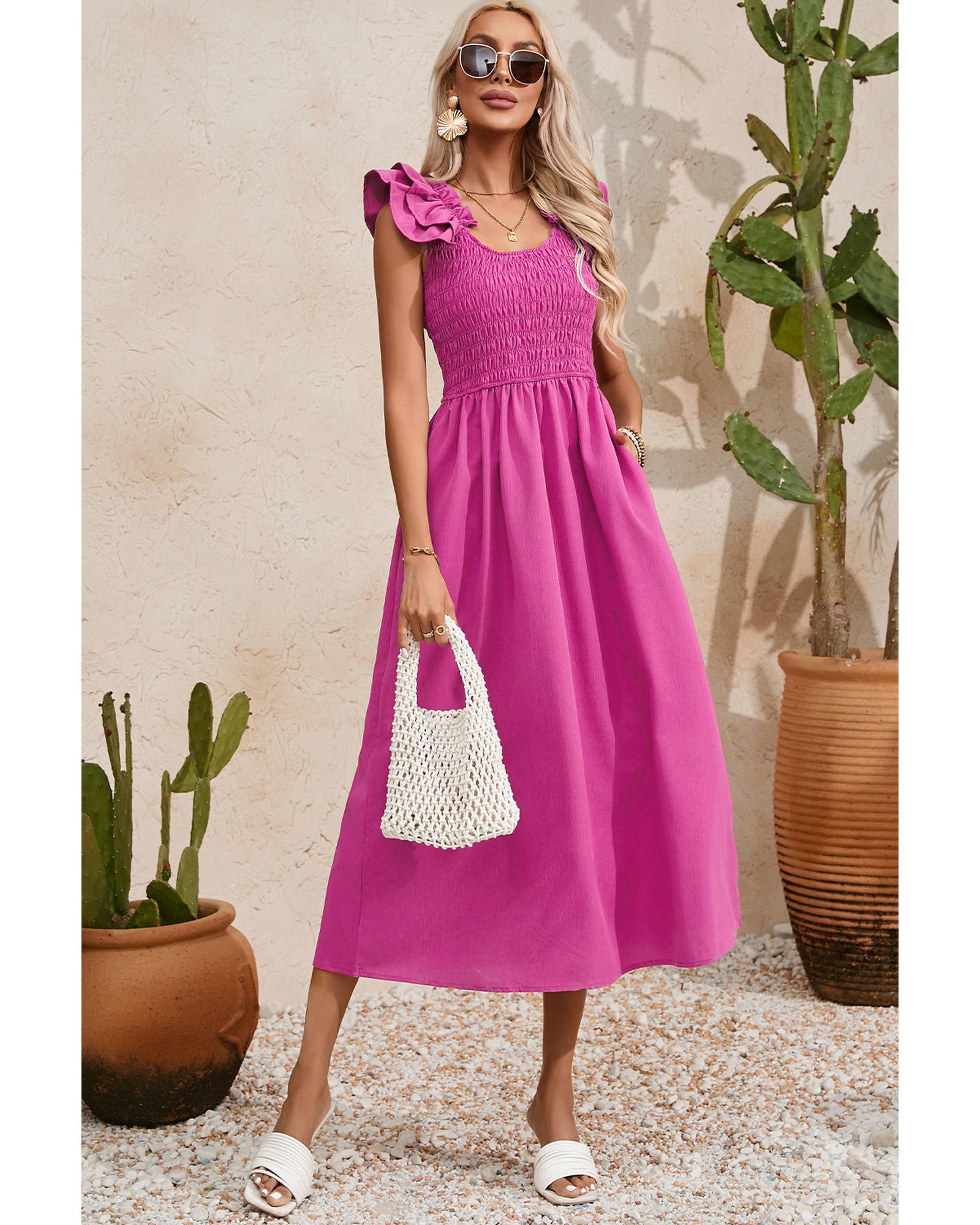 Rose Red Solid Color Ruffled Straps Smocked Ruched Maxi Dress - S 8