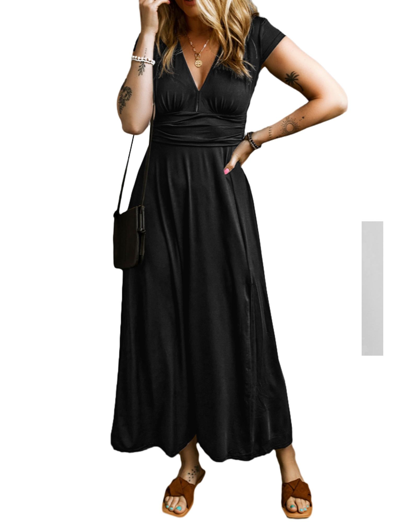 Black Short Sleeve Shirred High Waist V Neck Maxi Dress - L