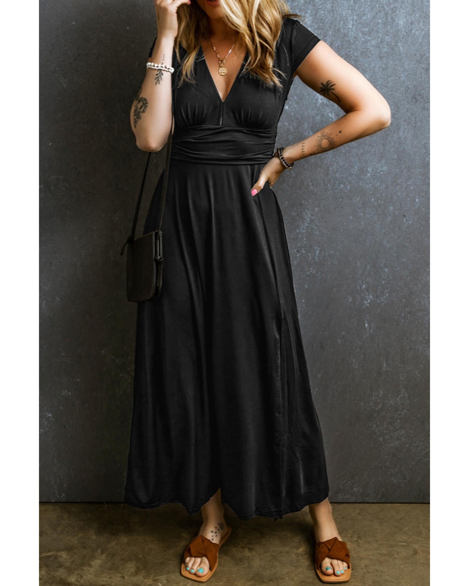 Black Short Sleeve Shirred High Waist V Neck Maxi Dress - M 3