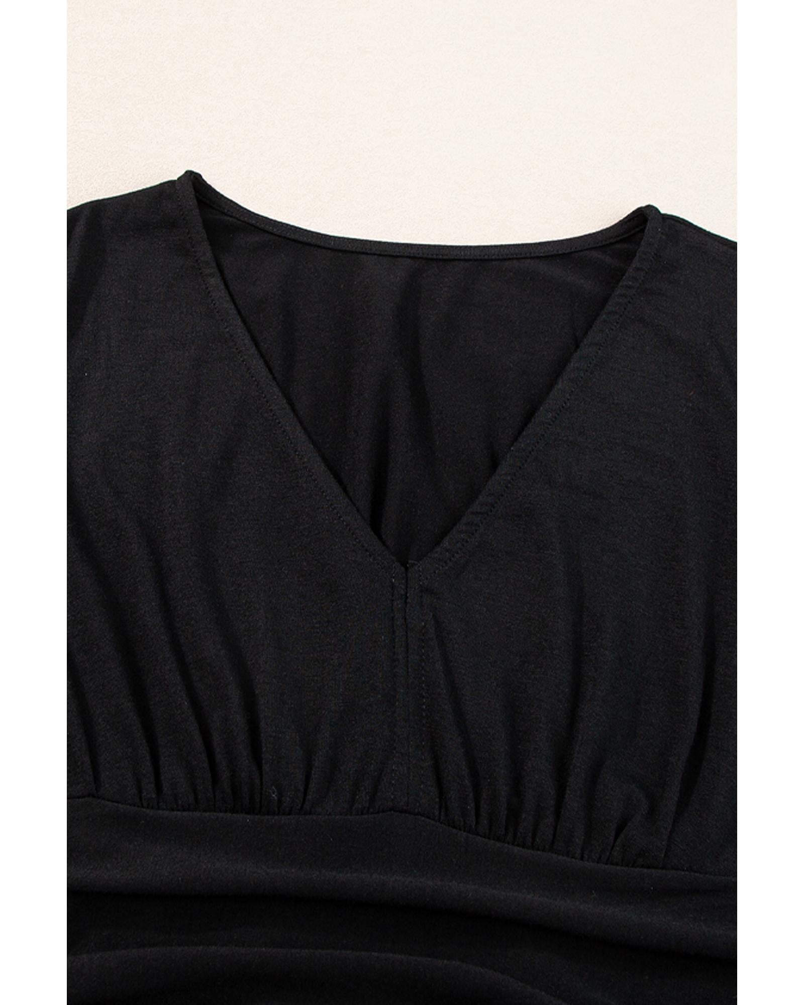 Black Short Sleeve Shirred High Waist V Neck Maxi Dress - M 8