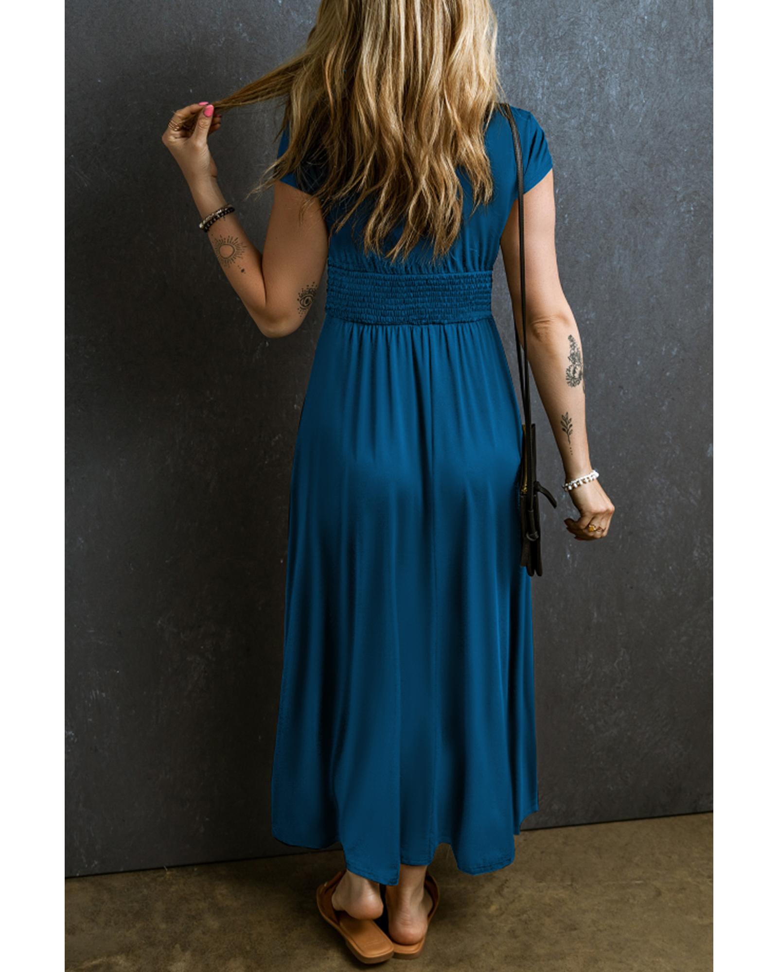 Peacock Blue Short Sleeve Shirred High Waist V Neck Maxi Dress - M 3