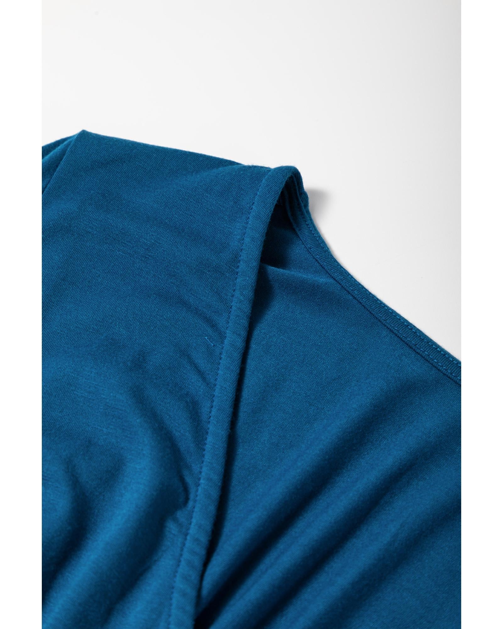 Peacock Blue Short Sleeve Shirred High Waist V Neck Maxi Dress - M 4