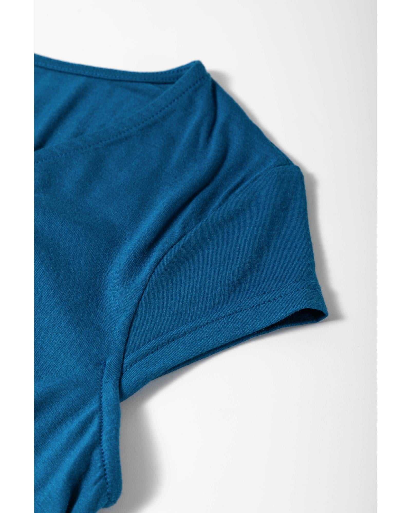 Peacock Blue Short Sleeve Shirred High Waist V Neck Maxi Dress - M 5