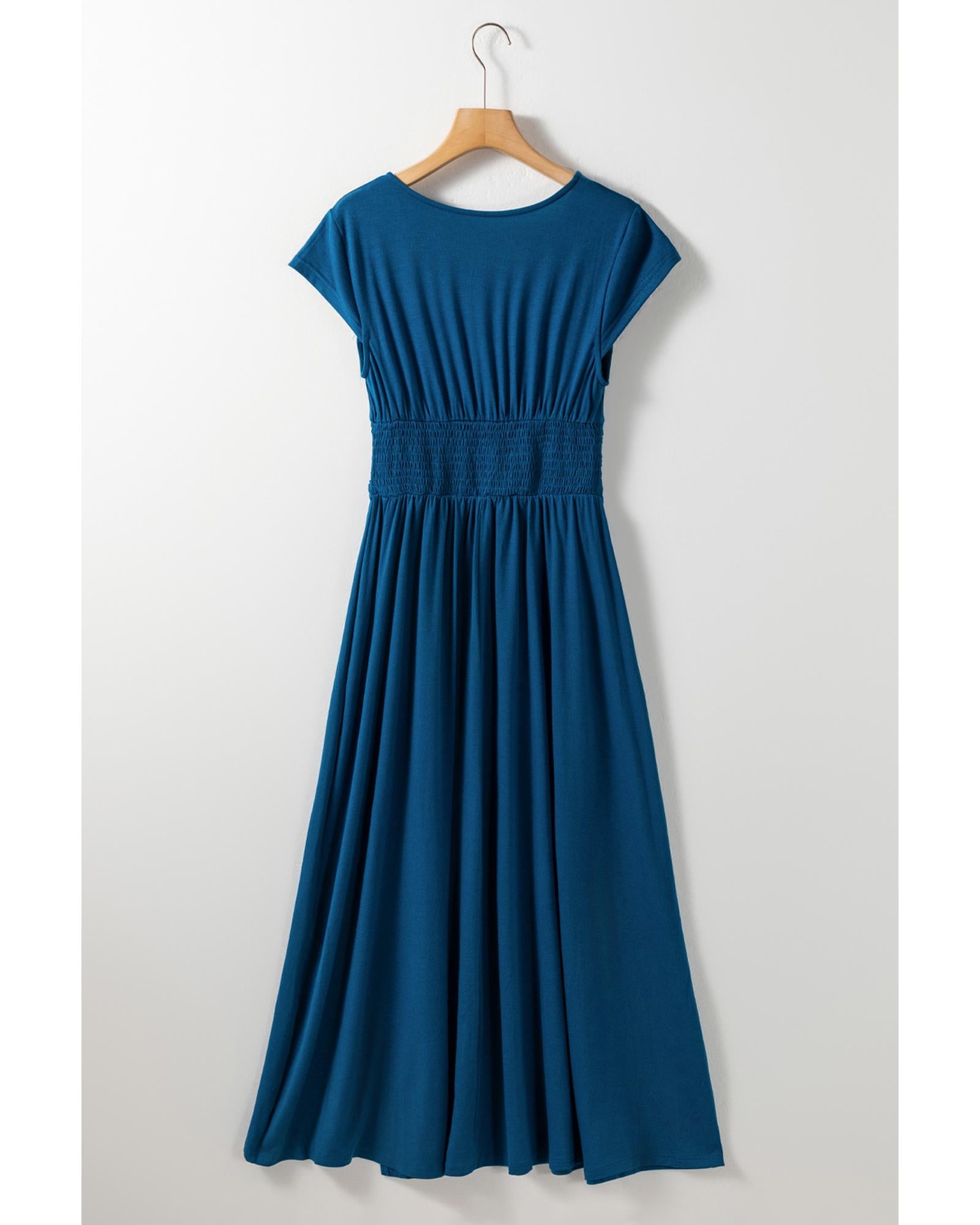 Peacock Blue Short Sleeve Shirred High Waist V Neck Maxi Dress - M 6