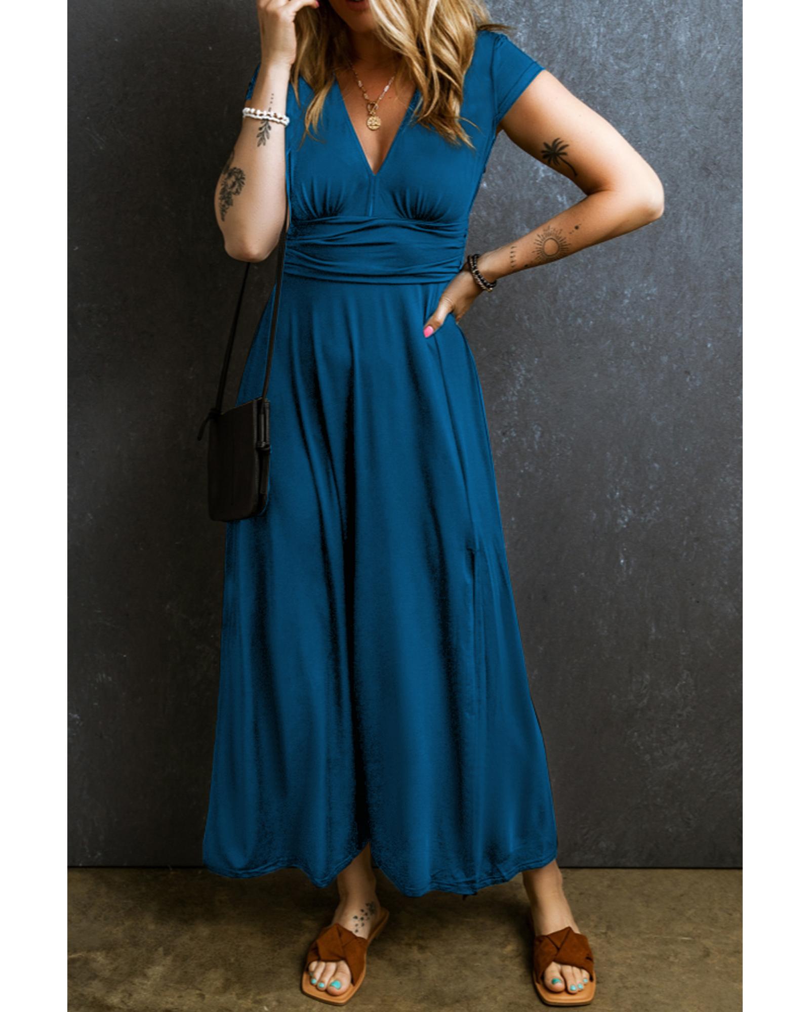 Peacock Blue Short Sleeve Shirred High Waist V Neck Maxi Dress - M 7