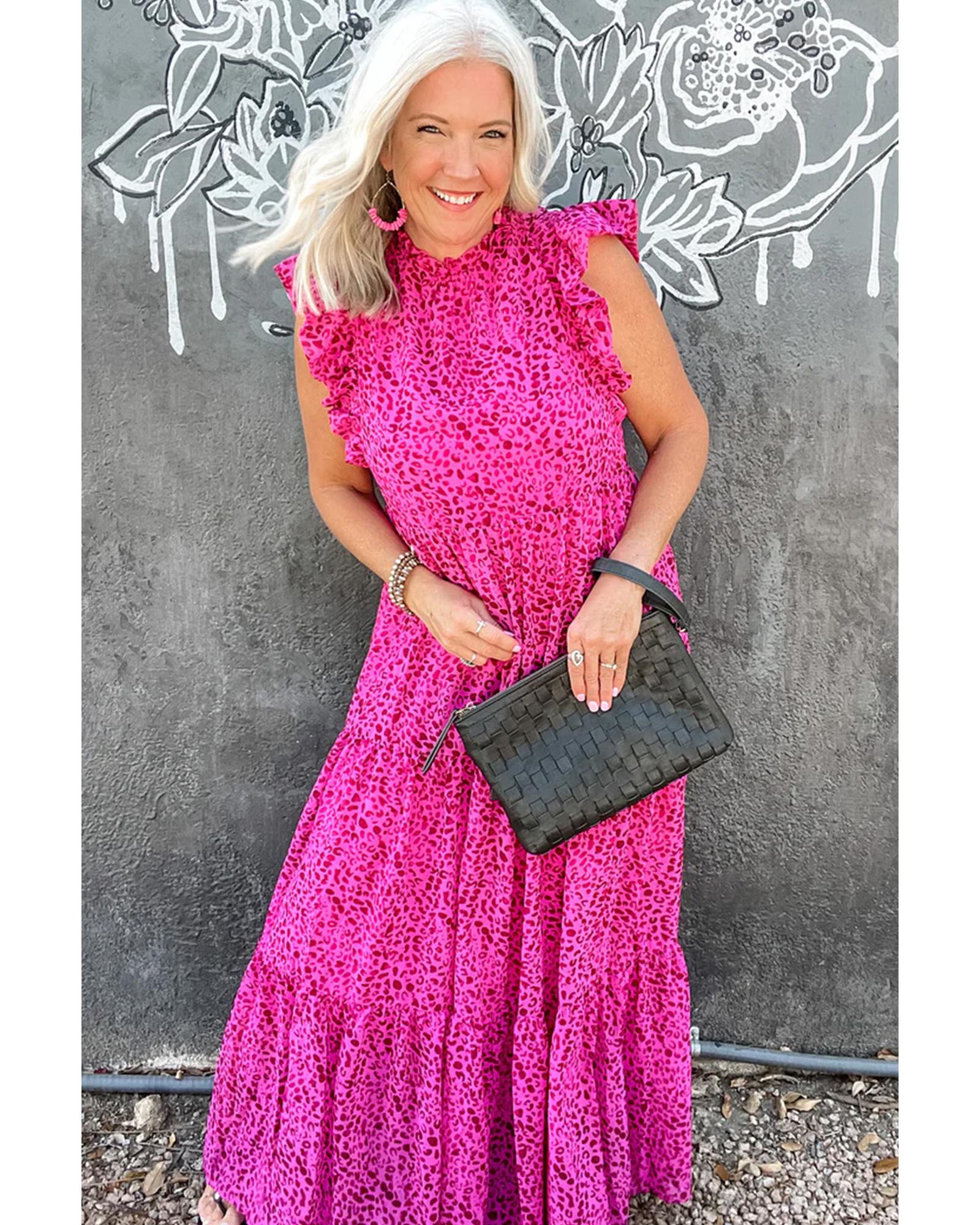 Rose Red Leopard Print Ruffled Trim Tiered Maxi Dress - L