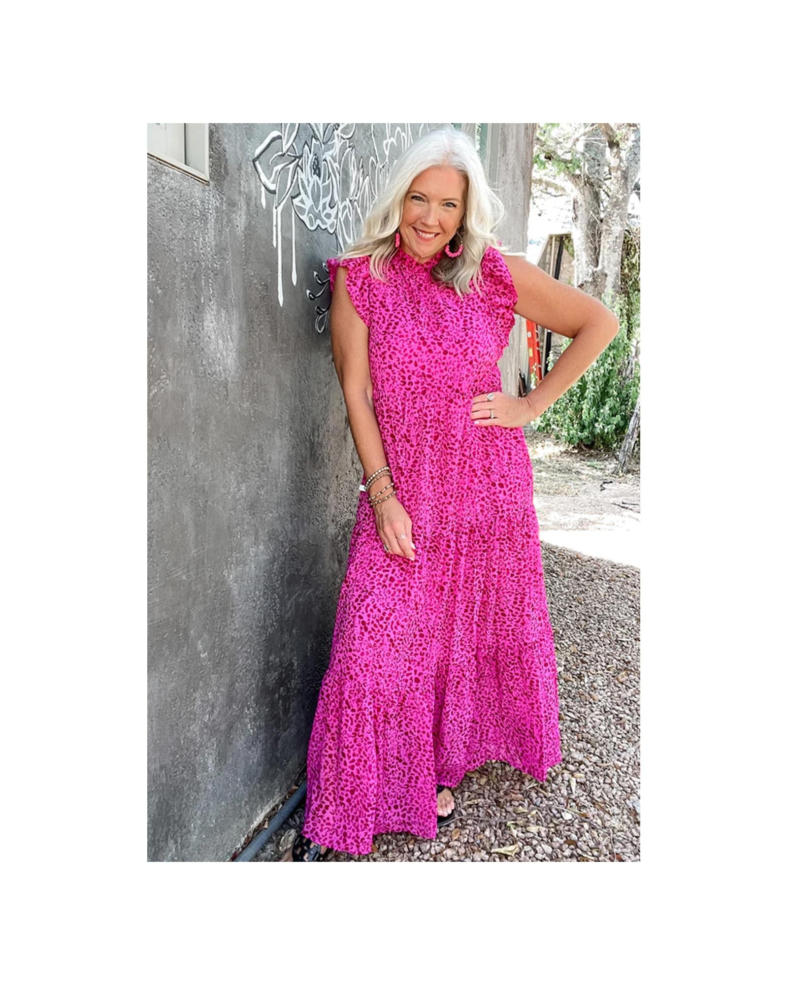 Rose Red Leopard Print Ruffled Trim Tiered Maxi Dress - M 3