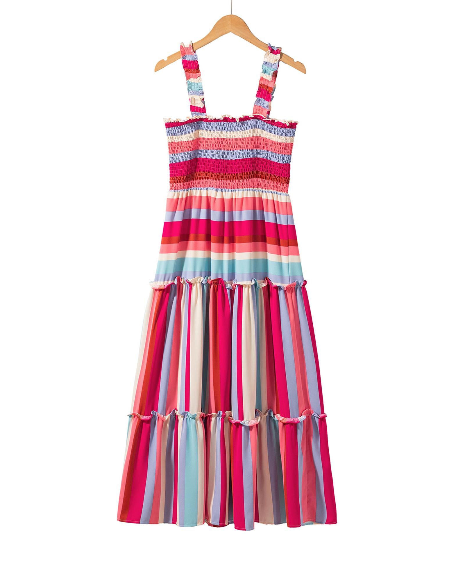 Red Stripe Ruffled Straps Smocked Tiered Long Dress - L 8