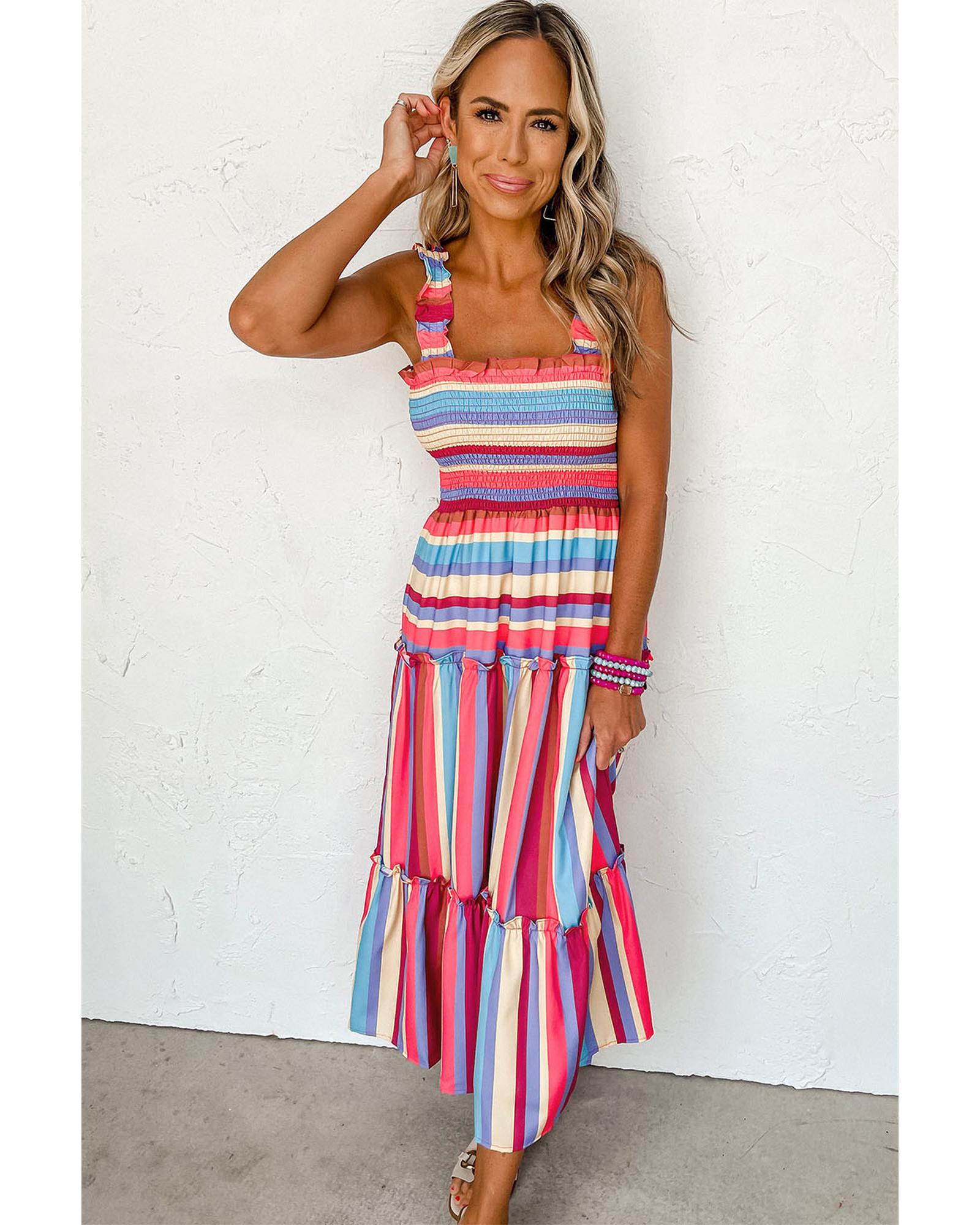 Red Stripe Ruffled Straps Smocked Tiered Long Dress - S 3