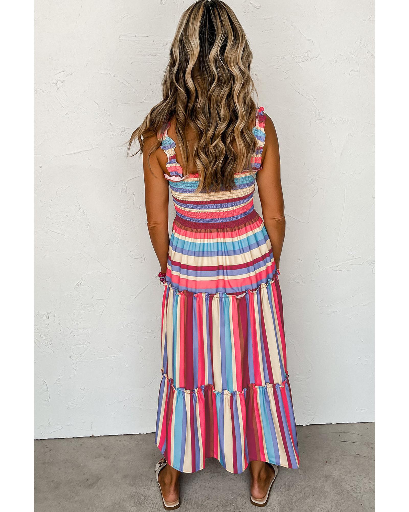 Red Stripe Ruffled Straps Smocked Tiered Long Dress - S 5