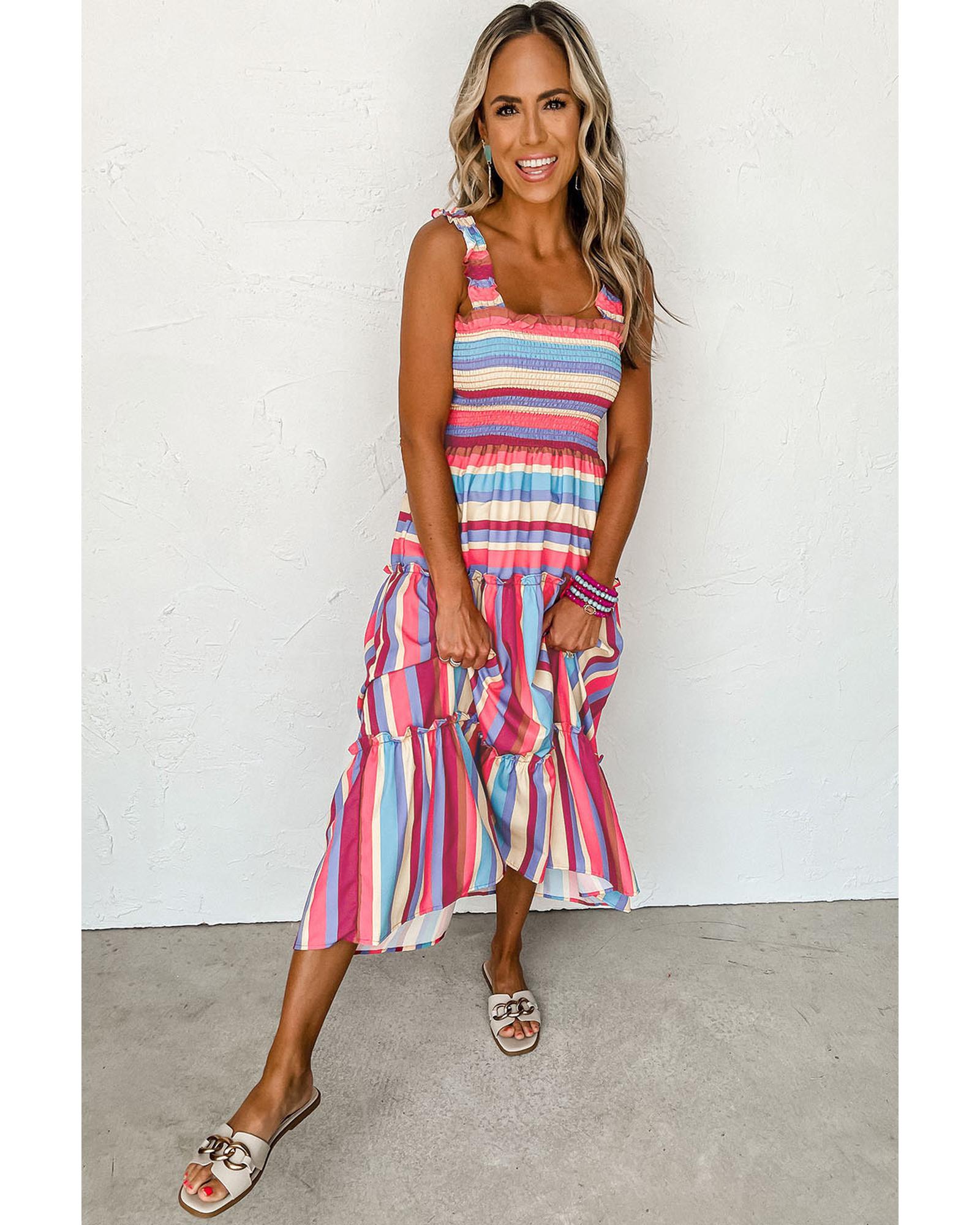 Red Stripe Ruffled Straps Smocked Tiered Long Dress - XL