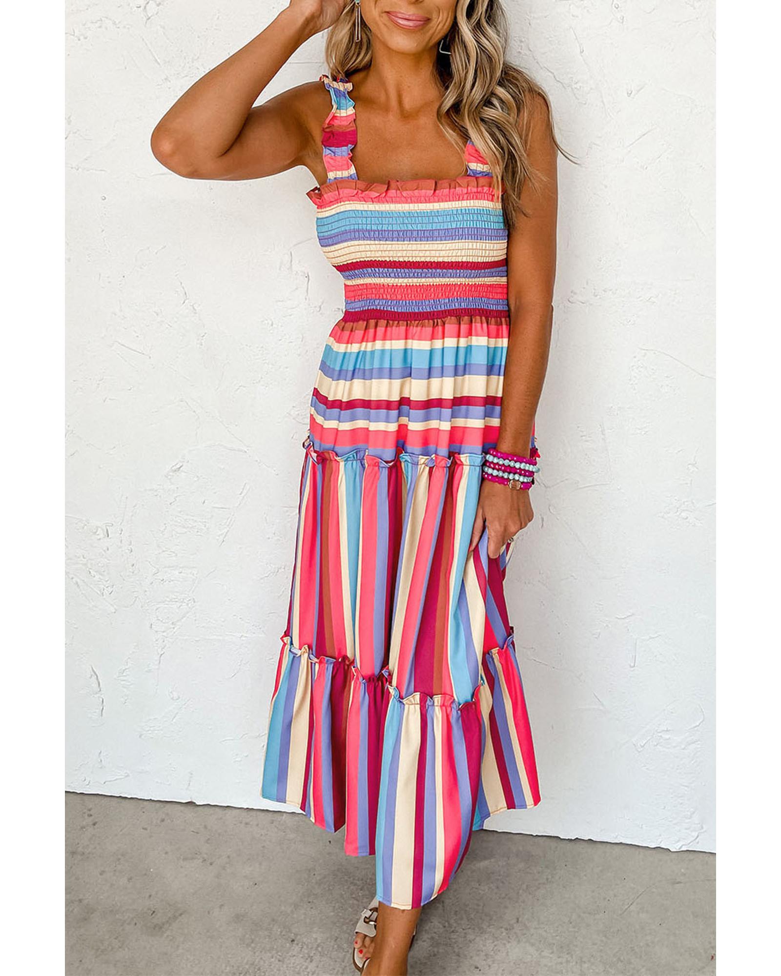 Red Stripe Ruffled Straps Smocked Tiered Long Dress - XL 4